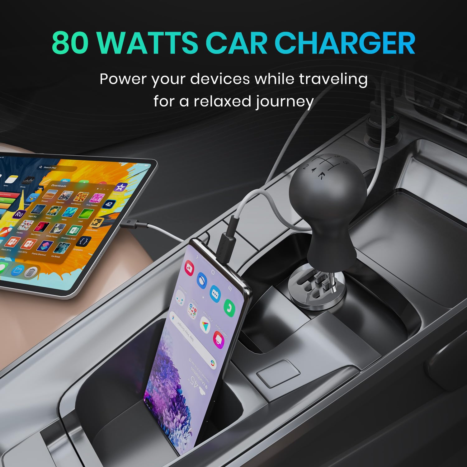 Portronics 80W Dual Output Fast Car Charger with Type-C PD & USB, LED Indicator, Charging Adapter Compatible with Cars for iPhone & Android Smartphone, Smartwatch, Earbud, Power Bank (Black) image 2