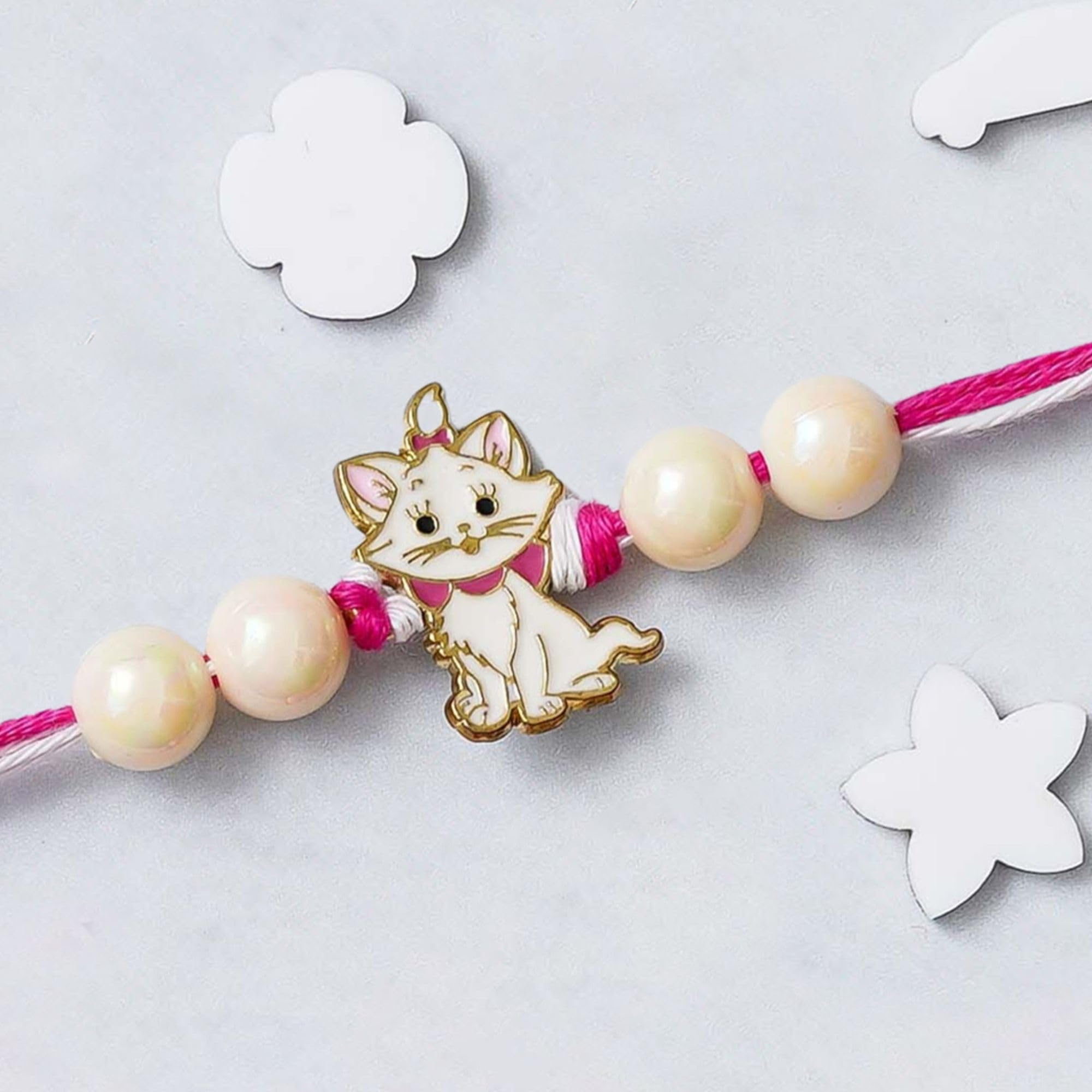 eCraftIndia Pink and White Marie Cute Cat with Beads Designer Pet Rakhi for Kids & Brother with Roli Chawal Pack | Cartoon Theme Raksha Bandhan Rakhi Gift Set image 4