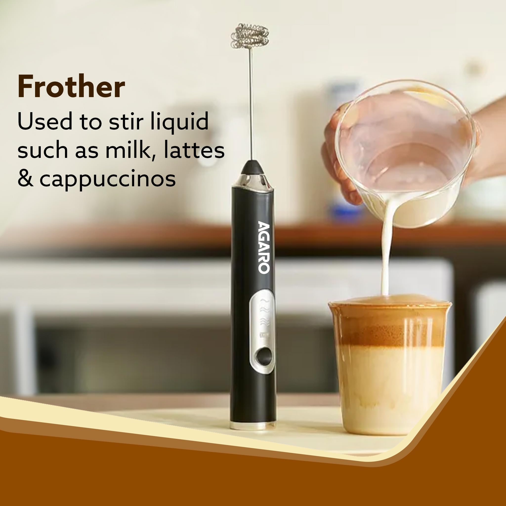 AGARO Royal Milk, 3‑Speed Electric for Coffee with Whisk and, Mixer, Stand‑up Design, for Cream (Whisk Milk), Rechargeable, Stainless Steel image 2