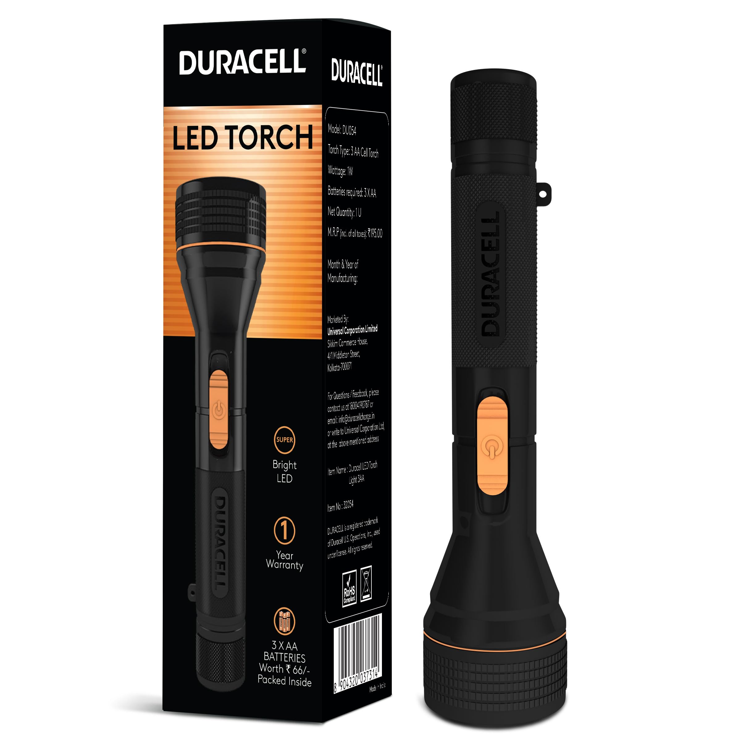 Duracell LED Torch Light, Super Bright, 12000 LUX, Ultra-Light and Easy to Carry Design, Large Reflector, for Everyday Use, 3AA Batteries Free, Black