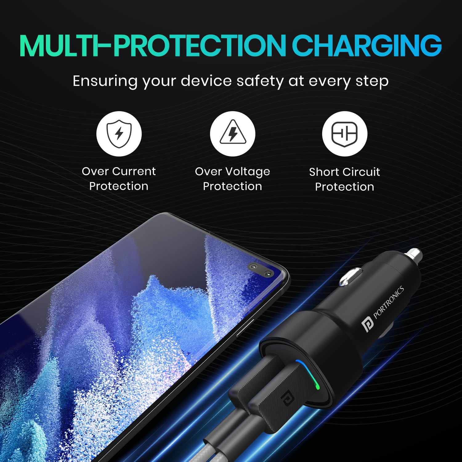 Portronics 80W Dual Output Fast Car Charger with Type-C PD & USB, LED Indicator, Charging Adapter Compatible with Cars for iPhone & Android Smartphone, Smartwatch, Earbud, Power Bank (Black) image 5