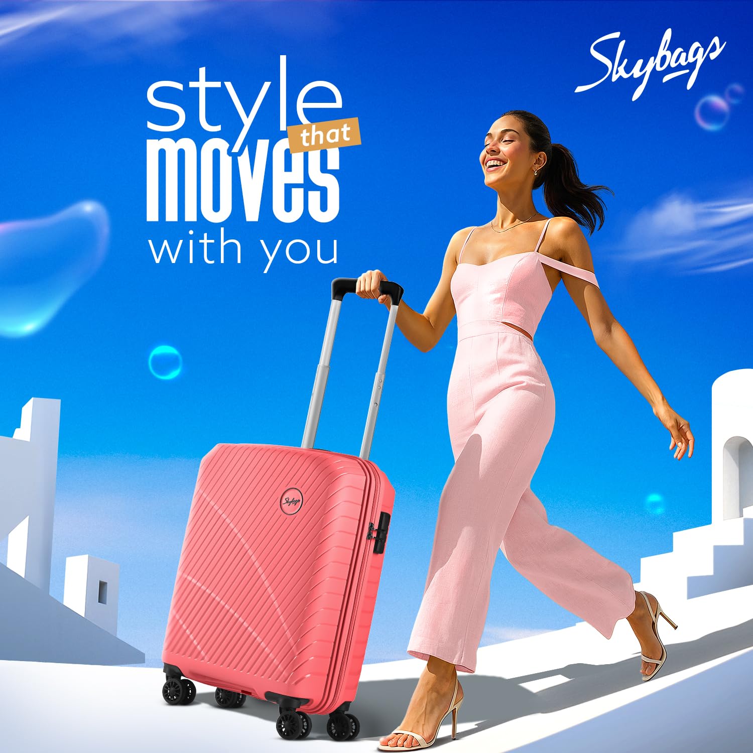 Skybags Streax | Cabin Trolley Bag, 55 Cm, Small Hardside Luggage | 8 Wheels, Combination Lock | Polypropylene | Suitcase for Travel | 5 Year International Warranty | Coral image 2