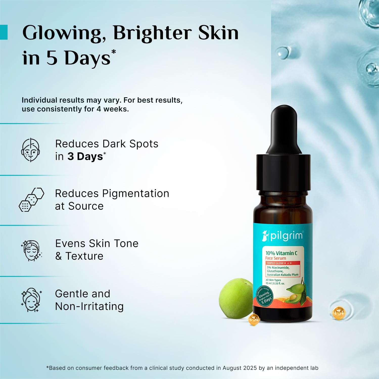 Pilgrim 10% Vitamin C Face Serum 10 ml for Glowing Skin with Niacinamide | Reduces Dark Spots & Evens Skin Tone | For Oily, Combination, Normal Skin Types | Skin Brightening Serum for Men & Women image 4