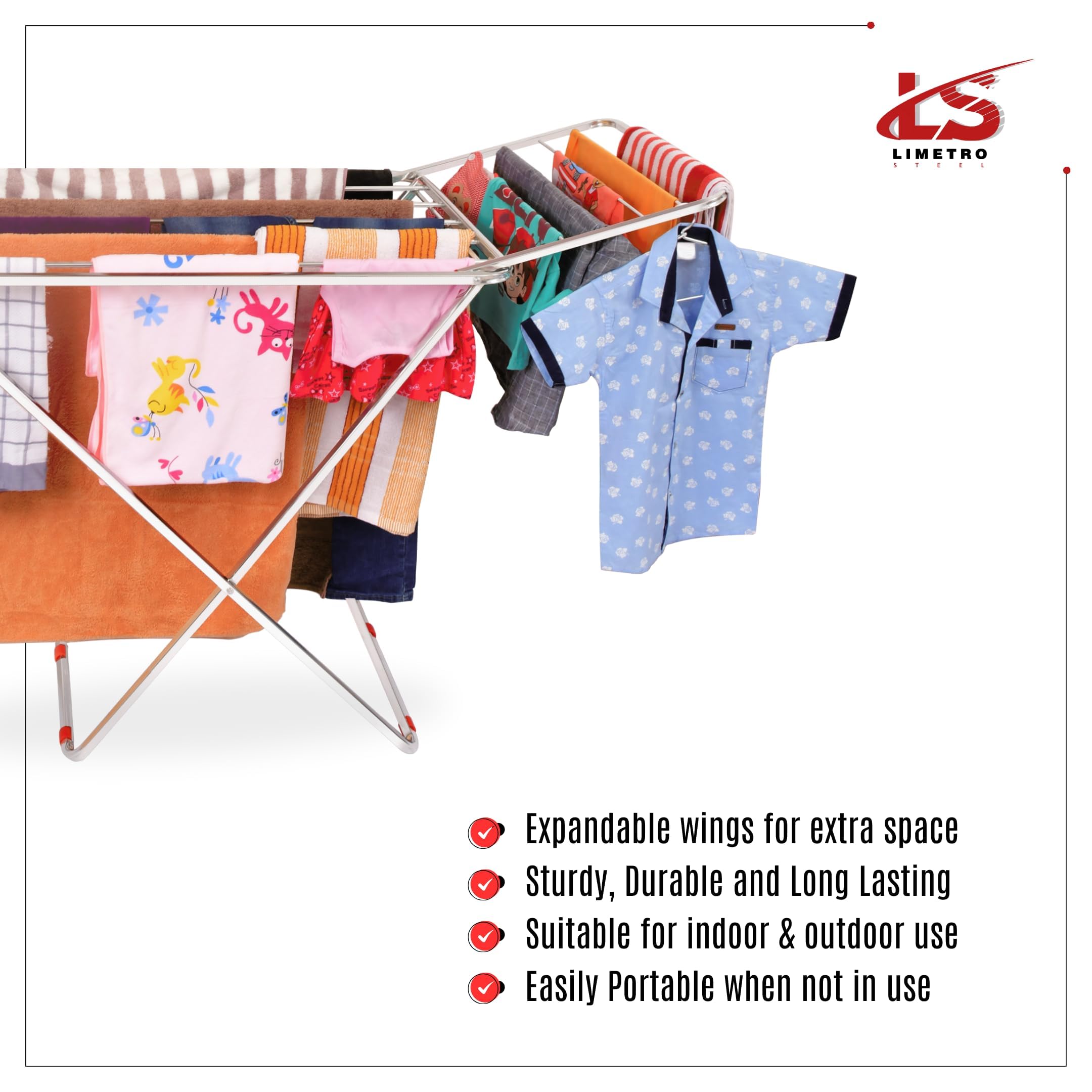 LiMETRO STEEL Stainless Steel Foldable Cloth Dryer Stand Double Rack Cloth Stands for Drying Clothes Steel (Cross), 120x54x4 cm image 5