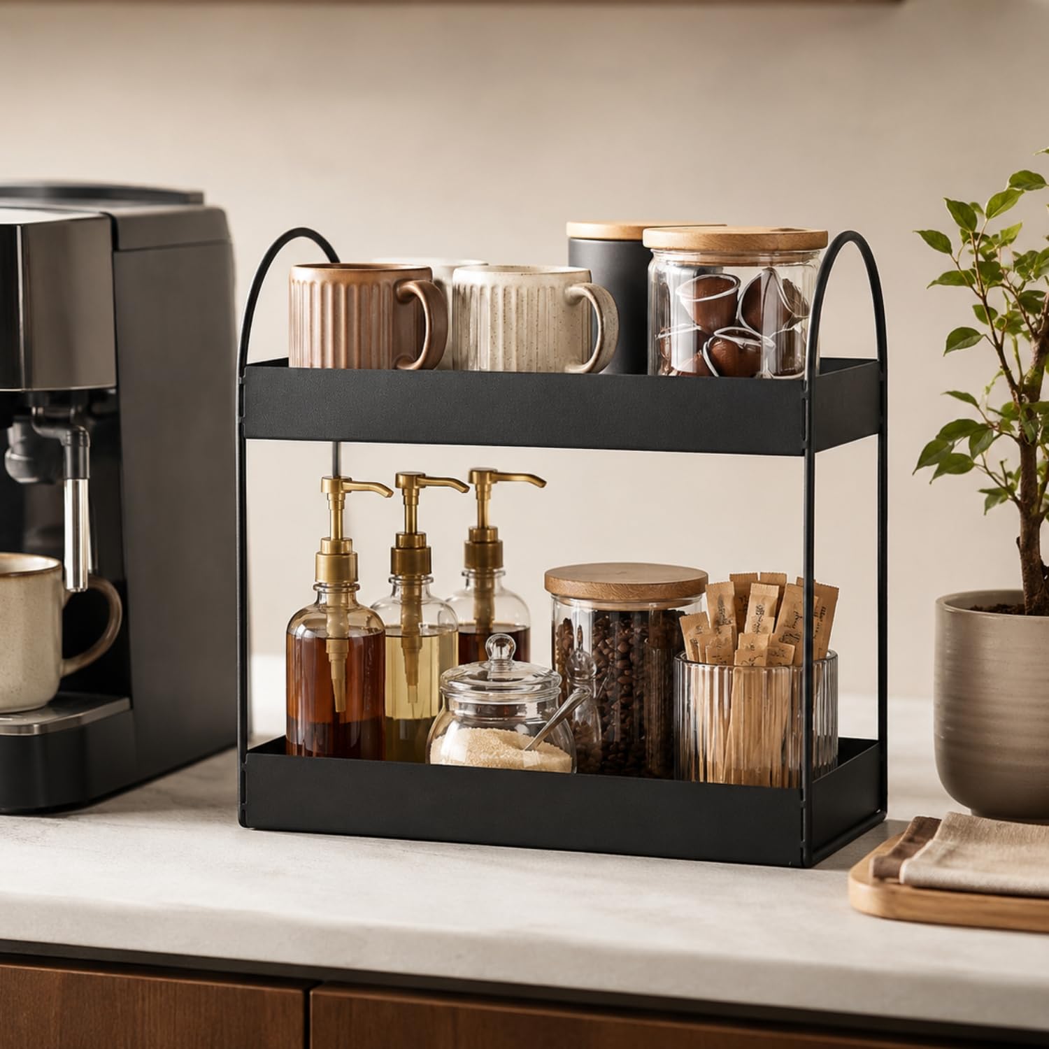 Go Hooked 2 Tier Kitchen Counter Organizer Rack 33x16.5x32 cm | Freestanding Metal Countertop Spice Rack & Pantry Storage Shelf | Bathroom Vanity Makeup Organizer | Rustproof Powder Coated Iron Black image 3