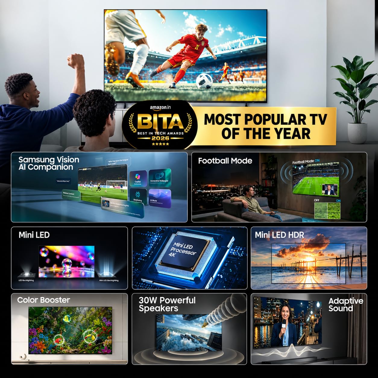 Samsung 55 inch (138cm) Mini LED 4K Vision AI 2026 Smart TV | 30W Speakers | 4K Upscaling | Mini-LED HDR | 150+ Channels | 7 Years OS Upgrade | UA55M2EHAULXL image 2