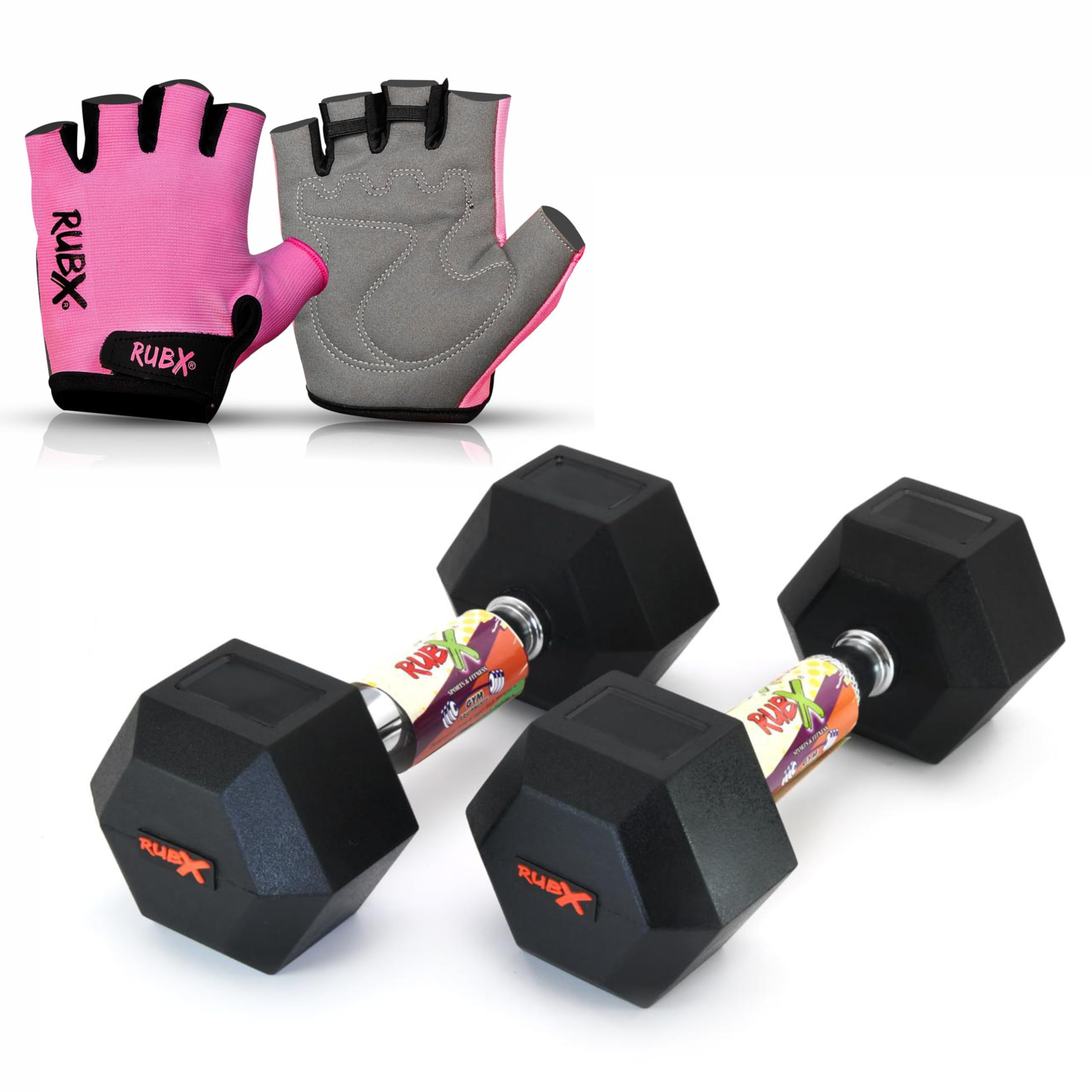 RUBX Rubber Coated Professional Exercise Hex Dumbbells (2.5 Kg x 2pc (Total = 5 kg + Pink/Grey Gloves)) image 2