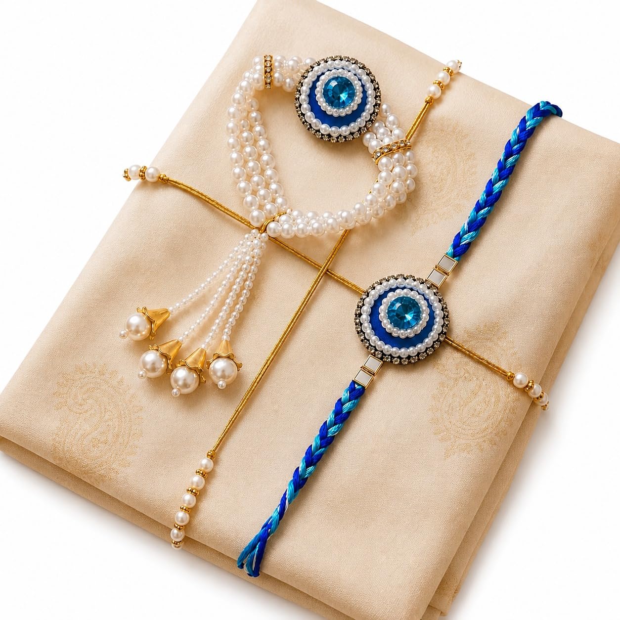 Bhaiya Bhabhi Rakhi Set with Pearl Bracelet | Designer Rakhi for Brother & Bhabhi | Traditional Raksha Bandhan