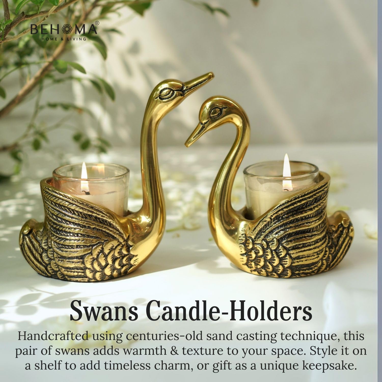 BEHOMA Aluminium Pair of Swans for Good Luck | Feng Shui Love Gifts Candle Holder for Home Decor Living Room | Showpiece Wedding Gift for Valentine's Day for Couple (Candles not Included) Gold image 4