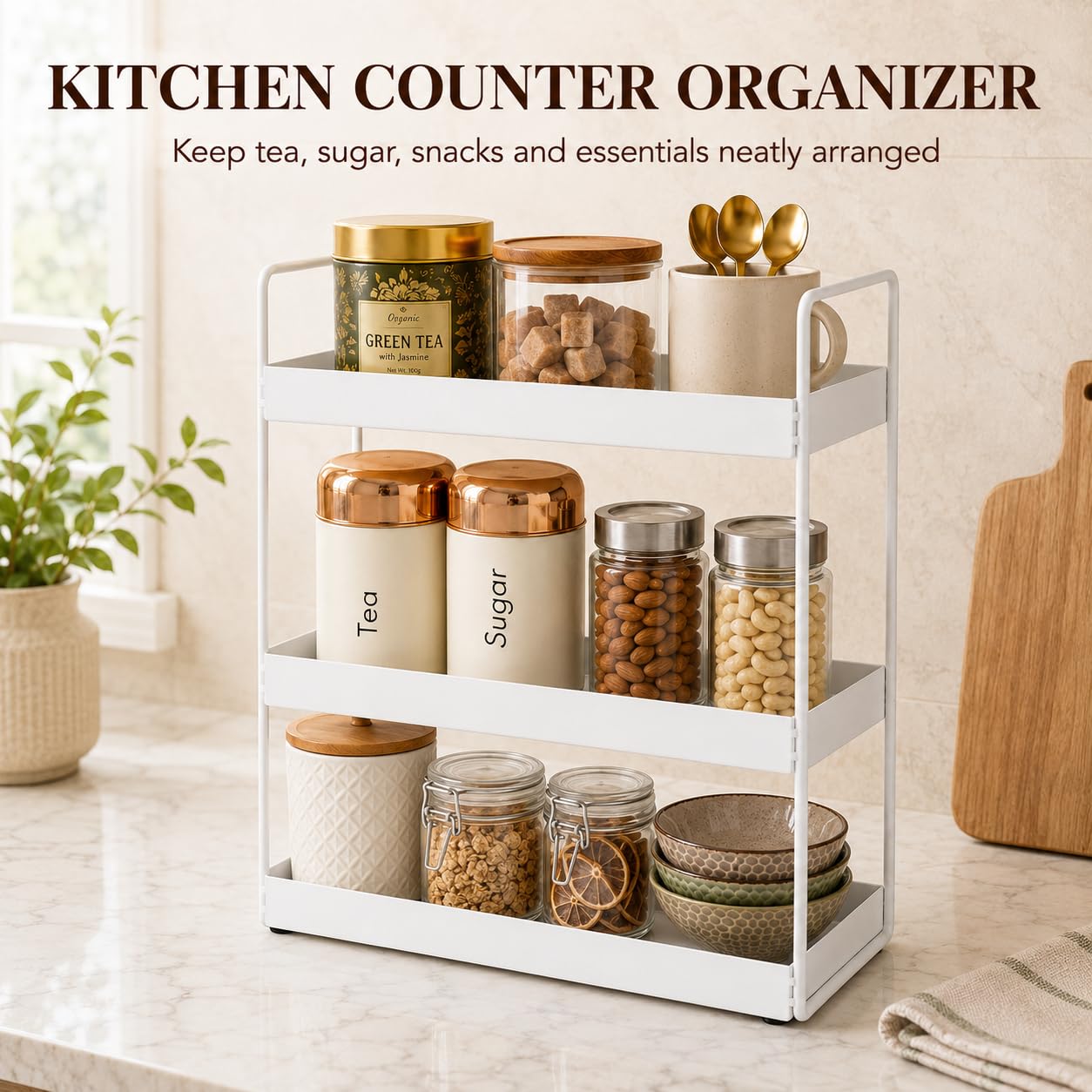 Homeor 3-Tier Metal Countertop Organizer | Heavy Duty Standing Rack for Kitchen Spice Storage & Bathroom Vanity | Multi-Purpose Shelf For Kitchen, Cosmetic & Toiletry Display Shelf, White image 4
