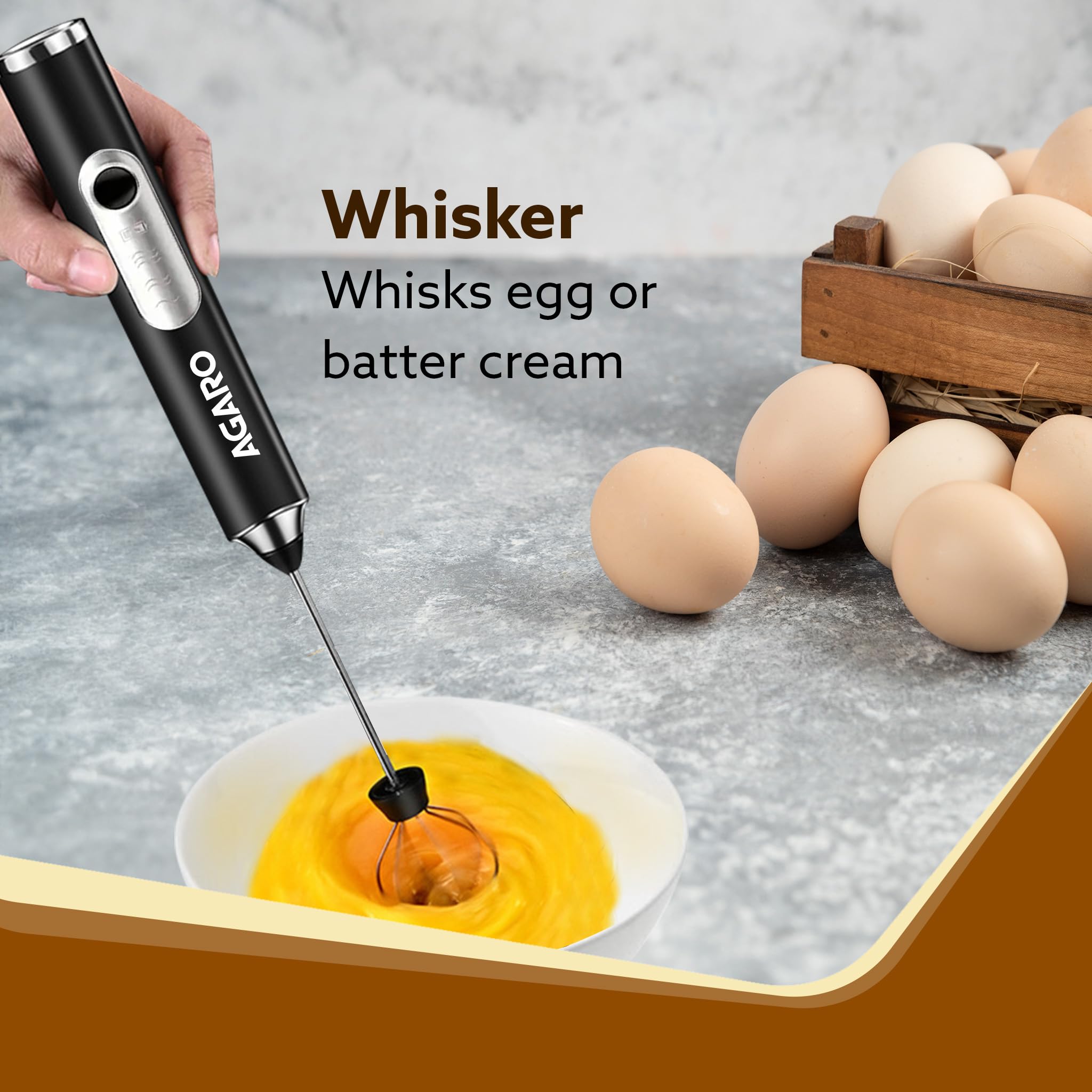 AGARO Royal Milk, 3‑Speed Electric for Coffee with Whisk and, Mixer, Stand‑up Design, for Cream (Whisk Milk), Rechargeable, Stainless Steel image 3