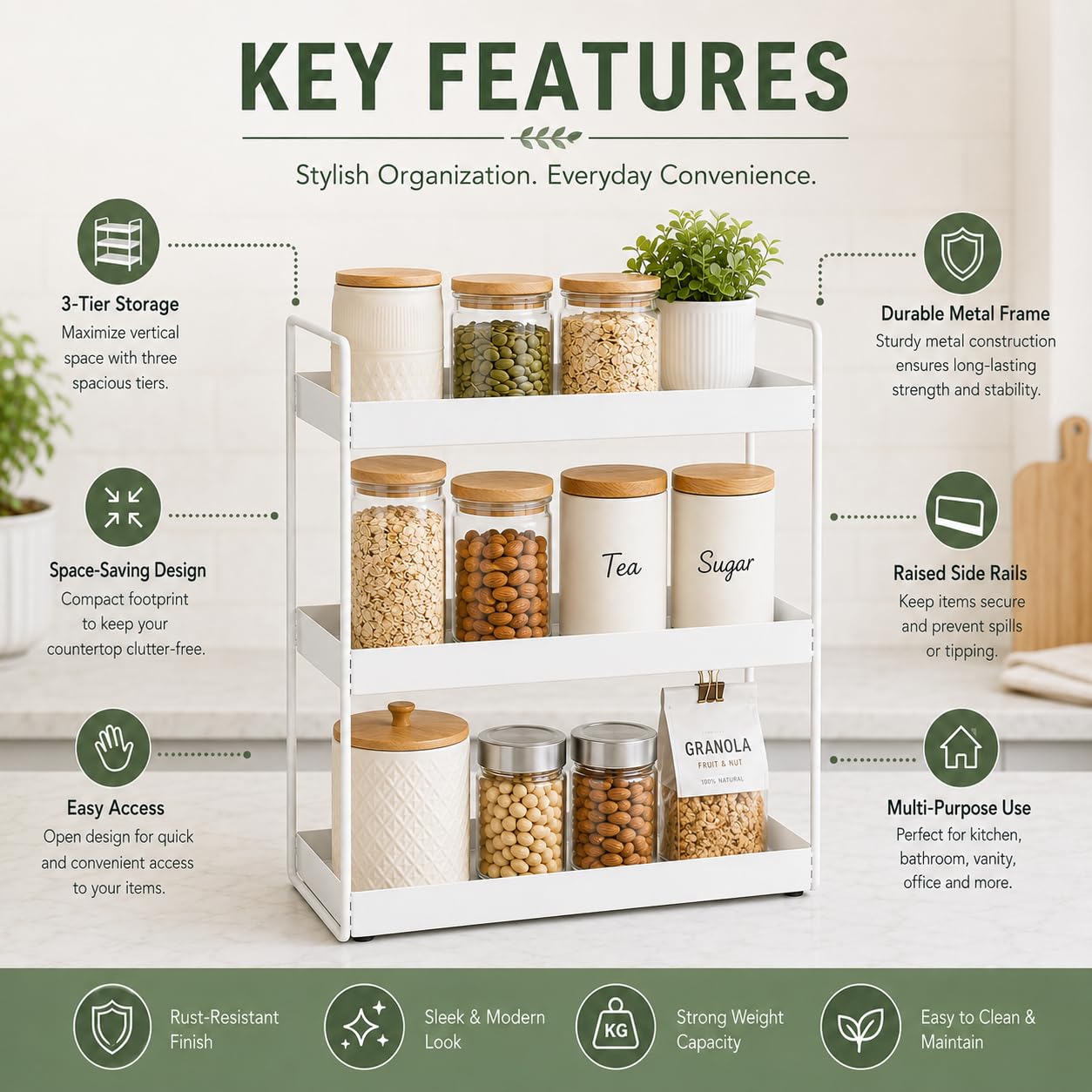 Homeor 3-Tier Metal Countertop Organizer | Heavy Duty Standing Rack for Kitchen Spice Storage & Bathroom Vanity | Multi-Purpose Shelf For Kitchen, Cosmetic & Toiletry Display Shelf, White image 2