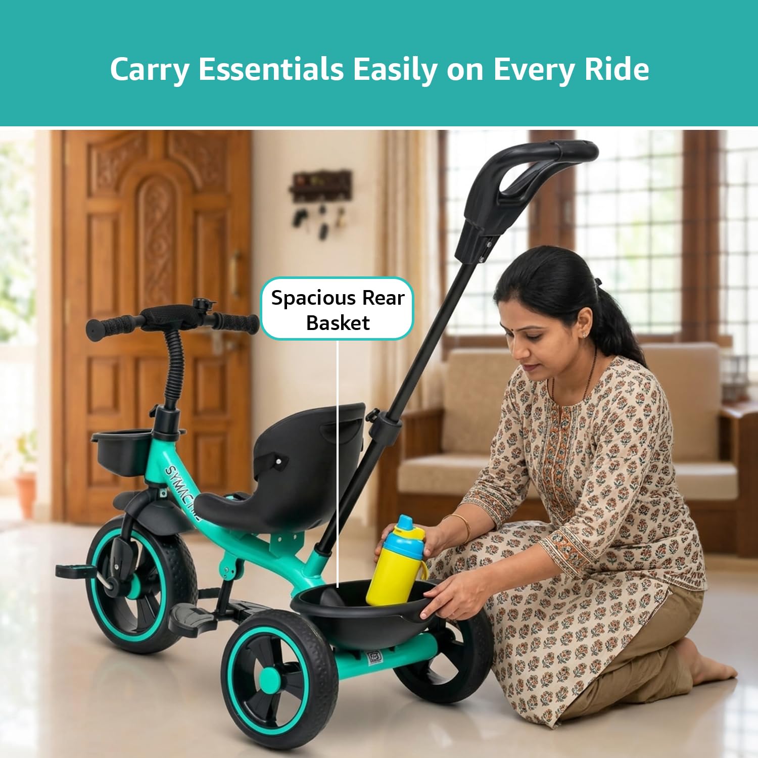 Amazon Brand - Symactive Tricycle for Kids | Plug N Play | Baby Cycle with Parental Control, Eva Wheels, Bell, Seat, Belt & Basket | Kids Tricycle | 2+ Years Unisex | Weight Limit 25 Kgs (Ice Blue) image 5