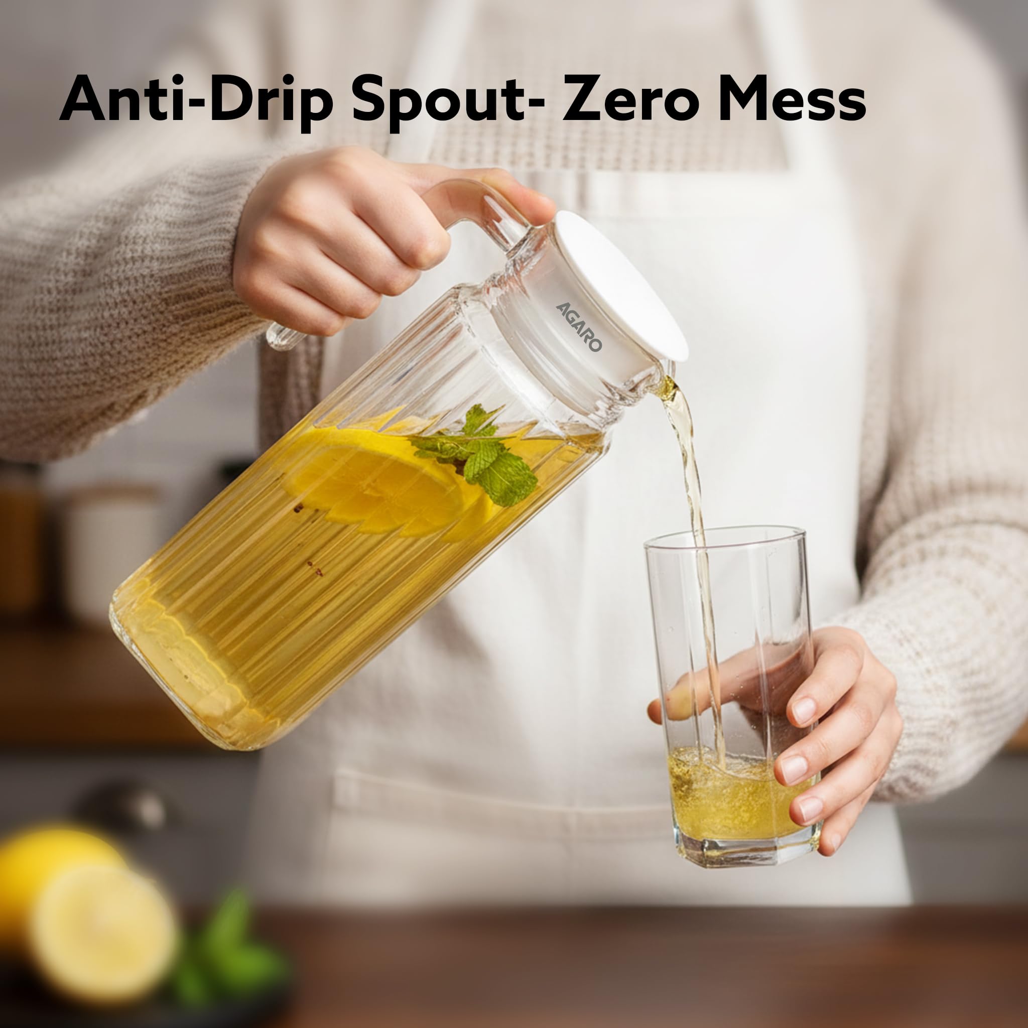 AGARO Elegant Glass Jug with Lid, 1.1L, Multipurpose Jug, Easy Pour Spout & Strong Handle, Transparent Beverage Carafe for Home, Office, Pitcher for Serve Water, Milk, Juice, Beverage, Lassi, Cocktail image 5