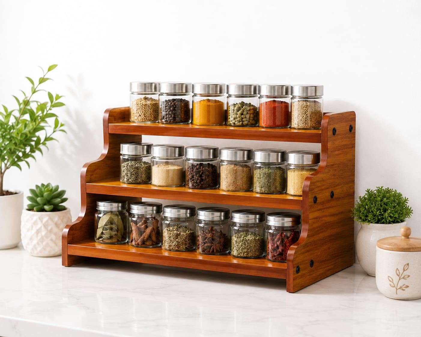 3 Tier Wooden Spice Rack for Kitchen Countertop, Masala Organizer Stand for Spices, Jars, Sauces & Bottles, Space Saving Storage Shelf, 14 x 9 x 6 Inches image 3
