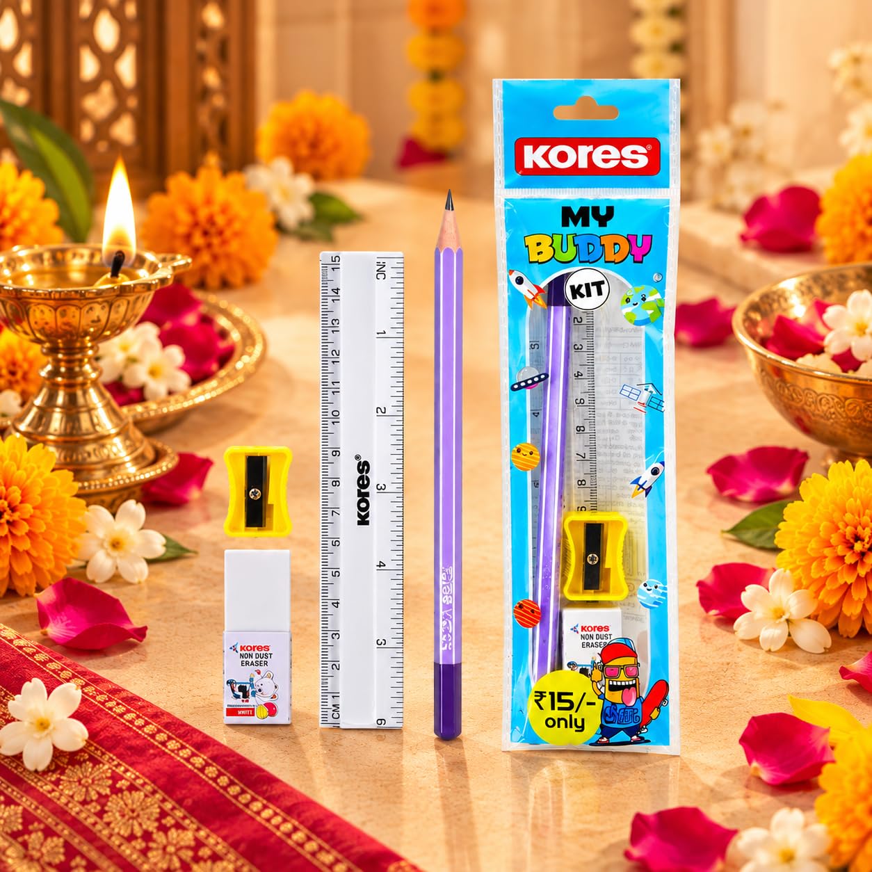 Kores My Buddy Kit Stationery Set, Pack of 10 | Pencil, Scale, Sharpener & Eraser | Kanjak Gift for Kanya Pujan & Navratri | Kids Return Gift image 3