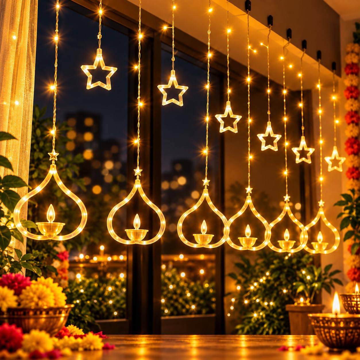 One94Store Deep Diya Curtain Decorative LED String Lights – 3 Meter Warm White Plug-in Lights with 108 LEDs, 6+6 Diya Design for Balcony, Indoor & Outdoor & Diwali Lights for Home image 5