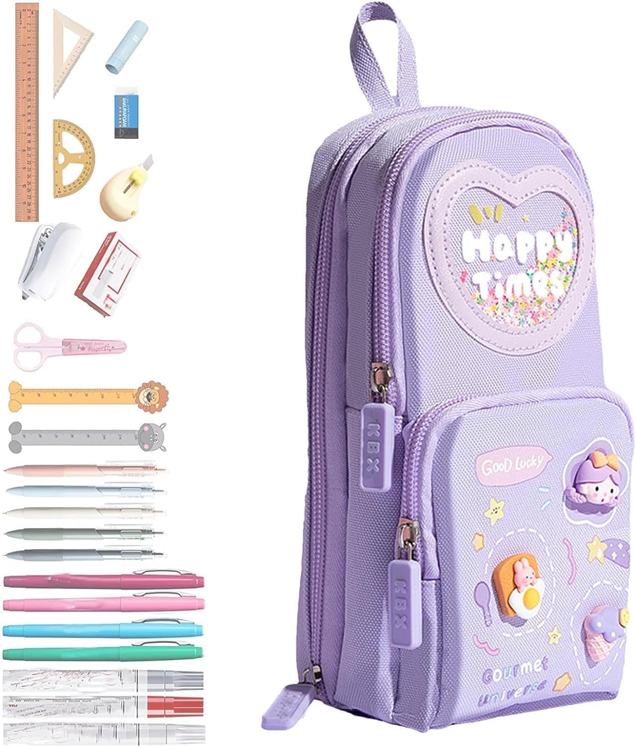 Supreme Deals Canvas Premium Pencil Case, 6 Layer, 3 Compartments, Large Capacity, Cute Aesthetic Design For Girls, Multifunctional Pouch For School Kids, purple image 2