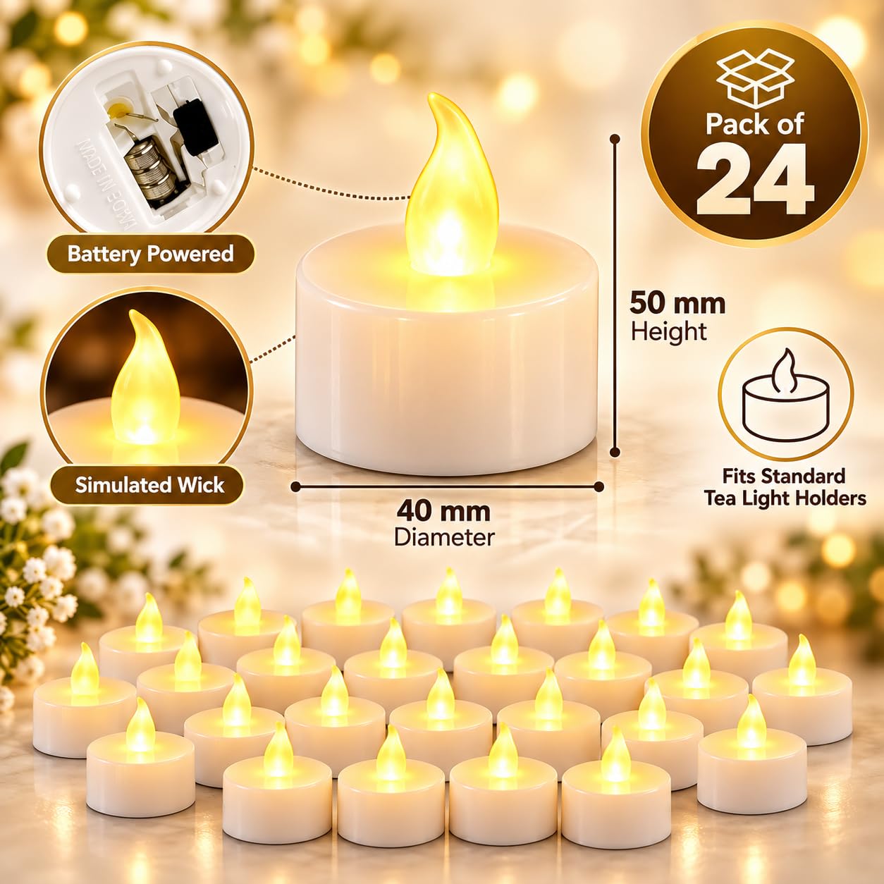 VERVENIX (Pack of 24 LED Tea Light Candles – Battery-Operated Flameless & Smokeless Decorative Lights for Diwali, Home Temple, Pooja and Holiday Decorations image 4