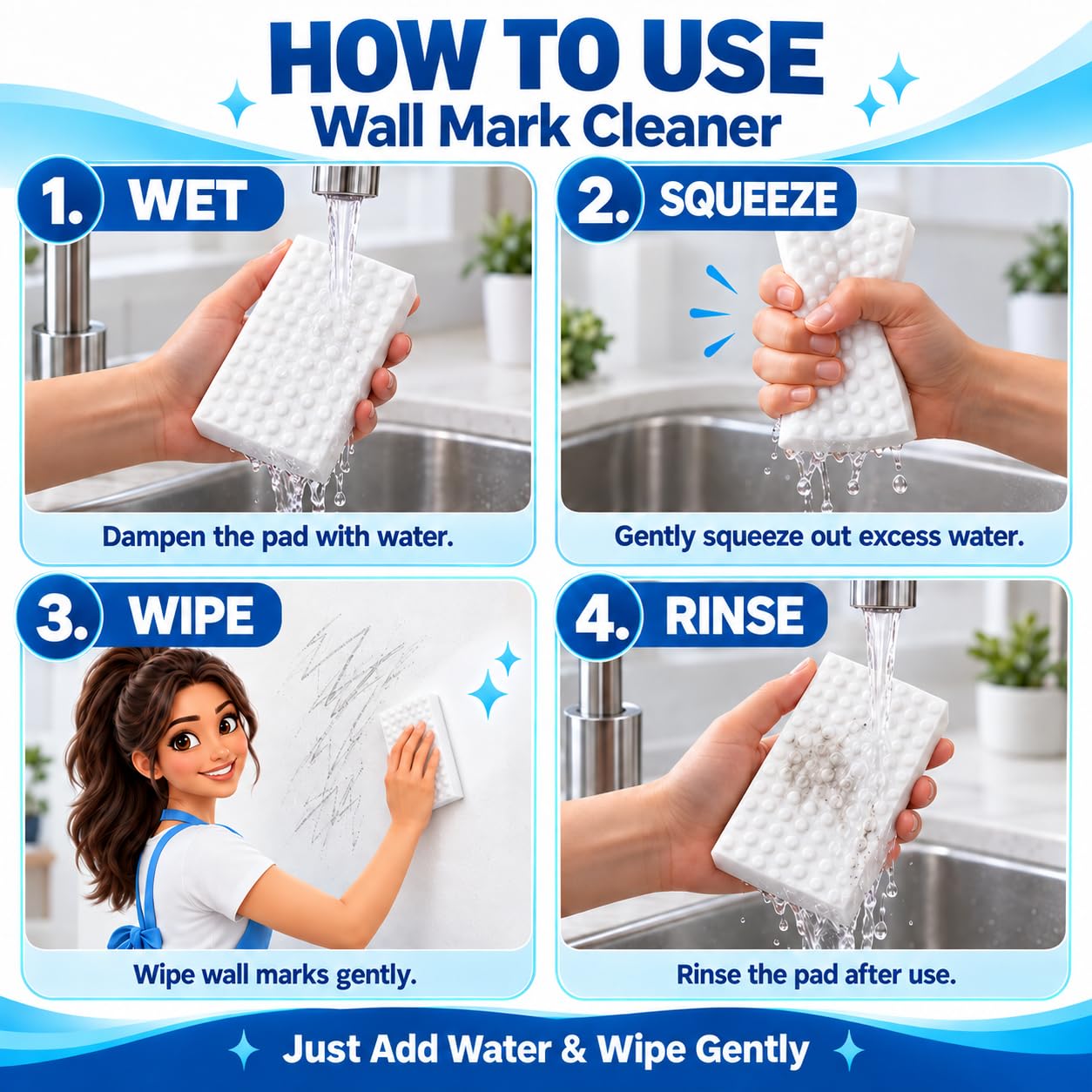 Magic Eraser | Pack of 1 | No Scratch Multi-Surface Cleaning Sponge | Removes 100+ Tough Stains | Just Add Water | Walls, Kitchen, Bathroom, Shoes & Switch Boards image 3