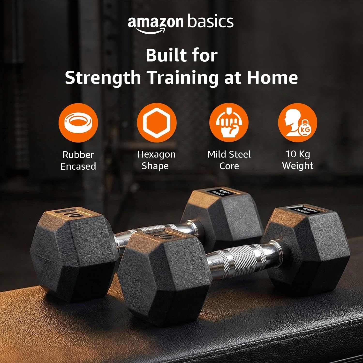 Amazon basics Rubber Encased Hex Dumbbell Weight Set Of 2, 10 Kg,Black image 2