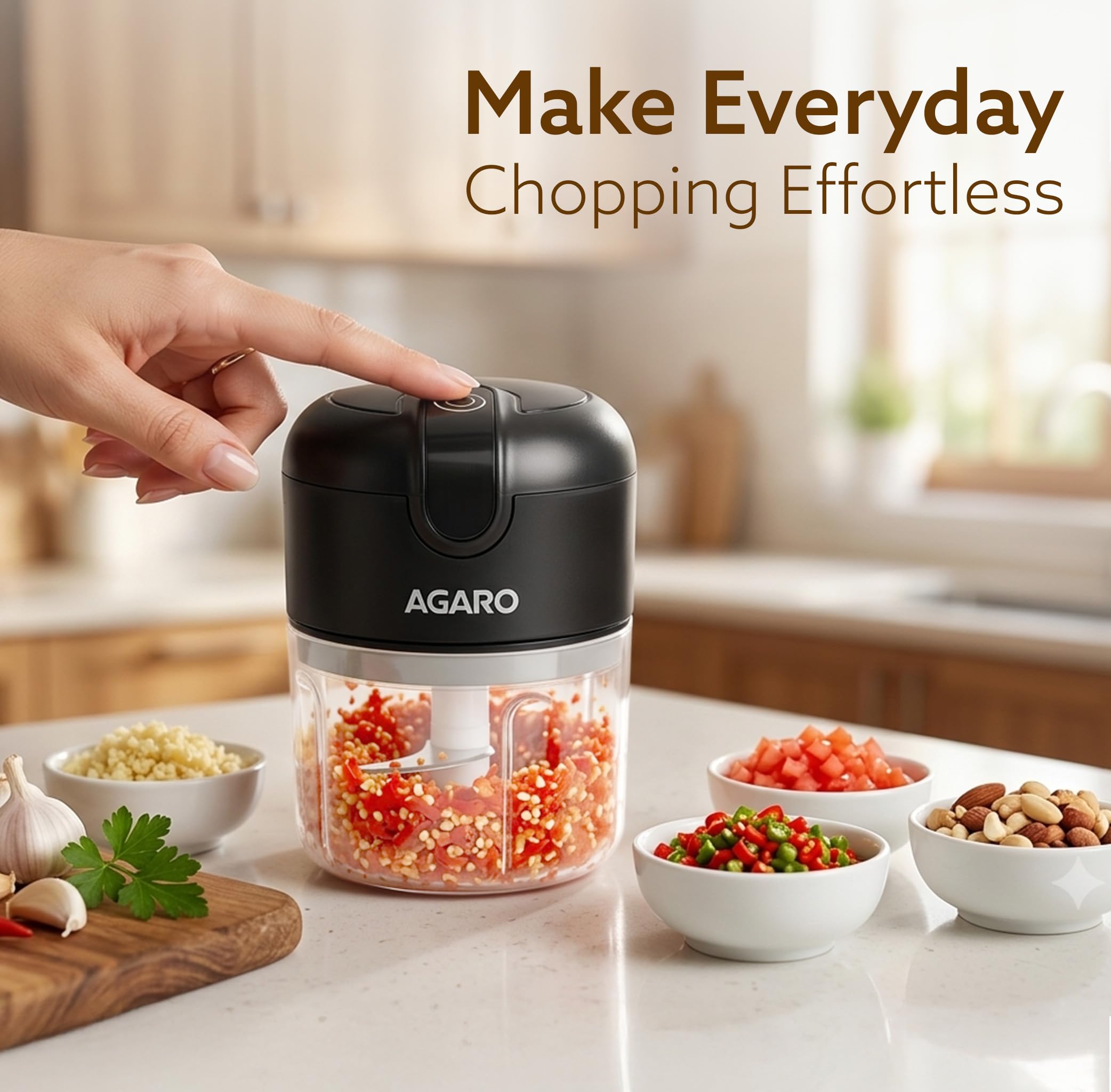 AGARO Elite Rechargeable Mini Electric Chopper, Food Grade Bowl, Stainless Steel Blades, Rechargeable, One Touch Operation, for Chopping Garlic, Ginger, Onion, Vegetable, Nuts, 250 Ml, Black image 3
