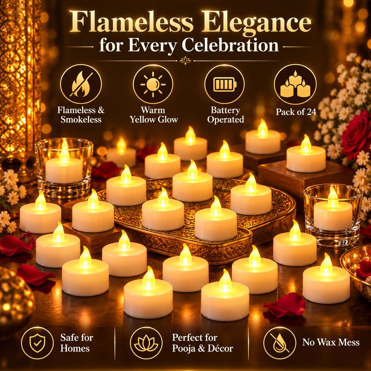 VERVENIX (Pack of 24 LED Tea Light Candles – Battery-Operated Flameless & Smokeless Decorative Lights for Diwali, Home Temple, Pooja and Holiday Decorations image 2