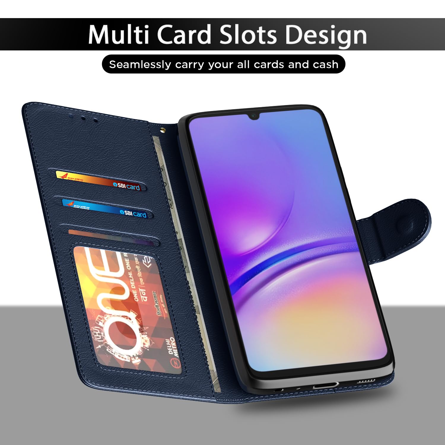 Pikkme Flip Cover Leather Finish | Inside TPU with Card Pockets | Wallet Stand and Shock Proof | Complete Protection Flip Case for Samsung Galaxy A05 / M05 / F05 (Blue) image 5