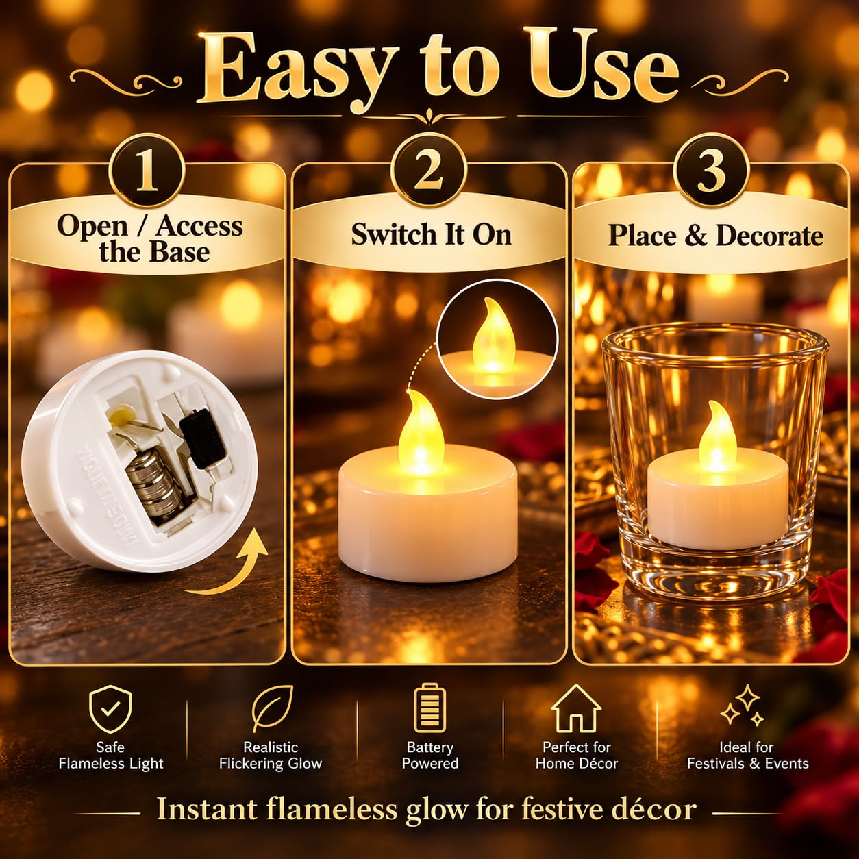 VERVENIX (Pack of 24 LED Tea Light Candles – Battery-Operated Flameless & Smokeless Decorative Lights for Diwali, Home Temple, Pooja and Holiday Decorations image 5