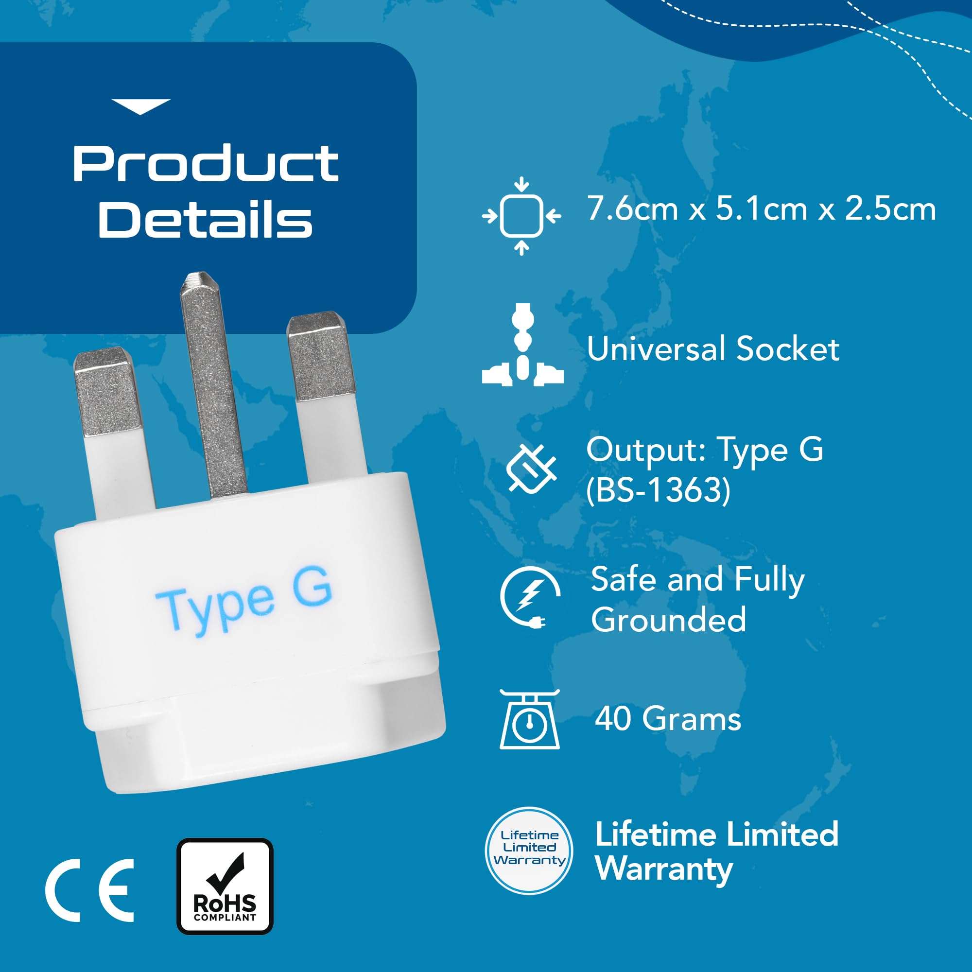 Ceptics UK Adapter for Indian Pins, India to UAE, Hong Kong, Dubai, UK Plug - Type G - Perfect for Laptop, Camera, Chargers - CE - RoHS - 3 Pack -White- Lifetime Limited Warranty image 3