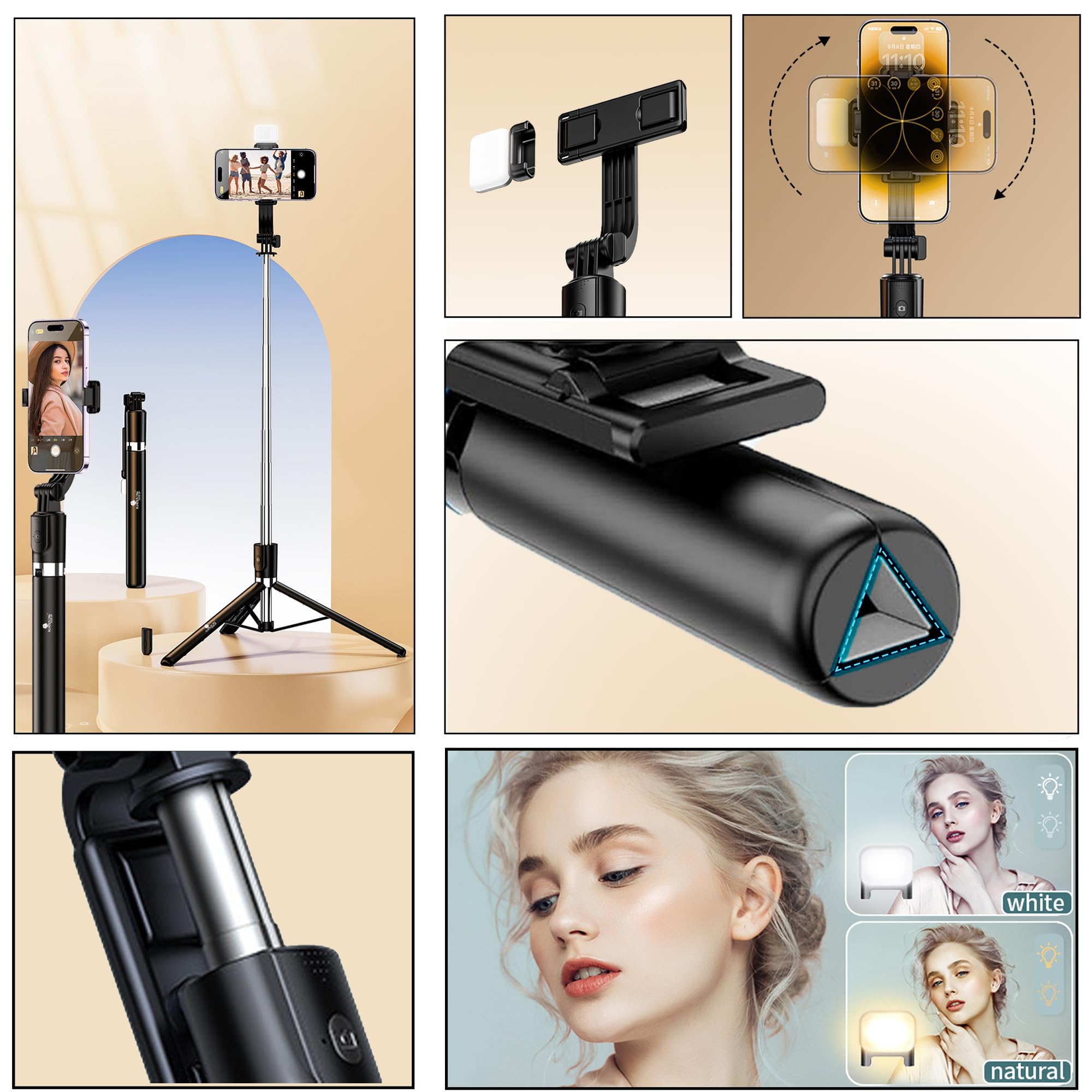 Kratos K9 Selfie Stick Tripod With Light, 67 inch /170CM Reinforced Tripod for Mobile Phone, Multi-Functional Bluetooth Long Selfie Stick for Travel,Vlogging,Compatible with iPhone and All Smartphones image 3