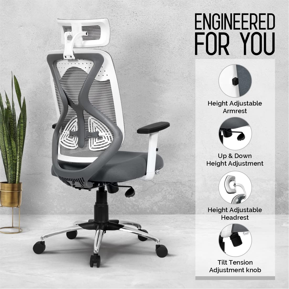 Da URBAN® Merlion Office Chair,High Back Mesh Ergonomic Home Office Desk Chair with 3 Years Warranty, Adjustable Armrests,Adjustable Lumbar Support,Tilt Lock Mechanism (Grey) image 5