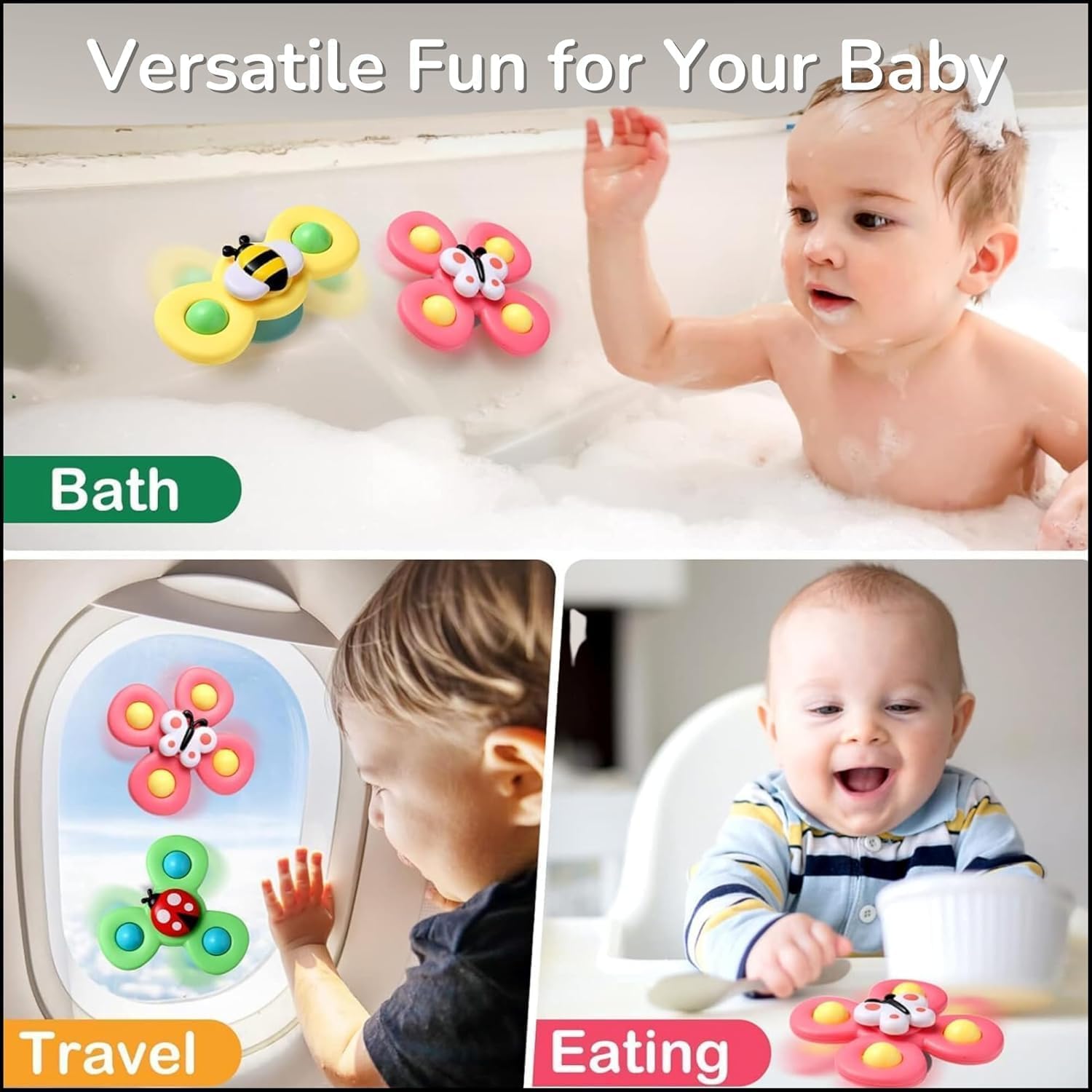 Cable World Baby Spinner Rattle Toy for Baby Bath Rattle and Puch Toys Water Toys for Kids Suction Cup Fidget Spinner Sensory Toddler Infant Flight Travel Toy Stick to Window 3 Pcs (Snail Design) image 5