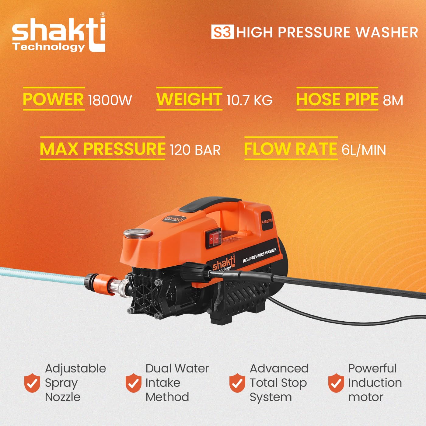 Shakti Technology S3 High Pressure Car Washer Machine 1800 Watts and Pressure 120 Bar for Cleaning Car, Bike & Home (S3) image 3