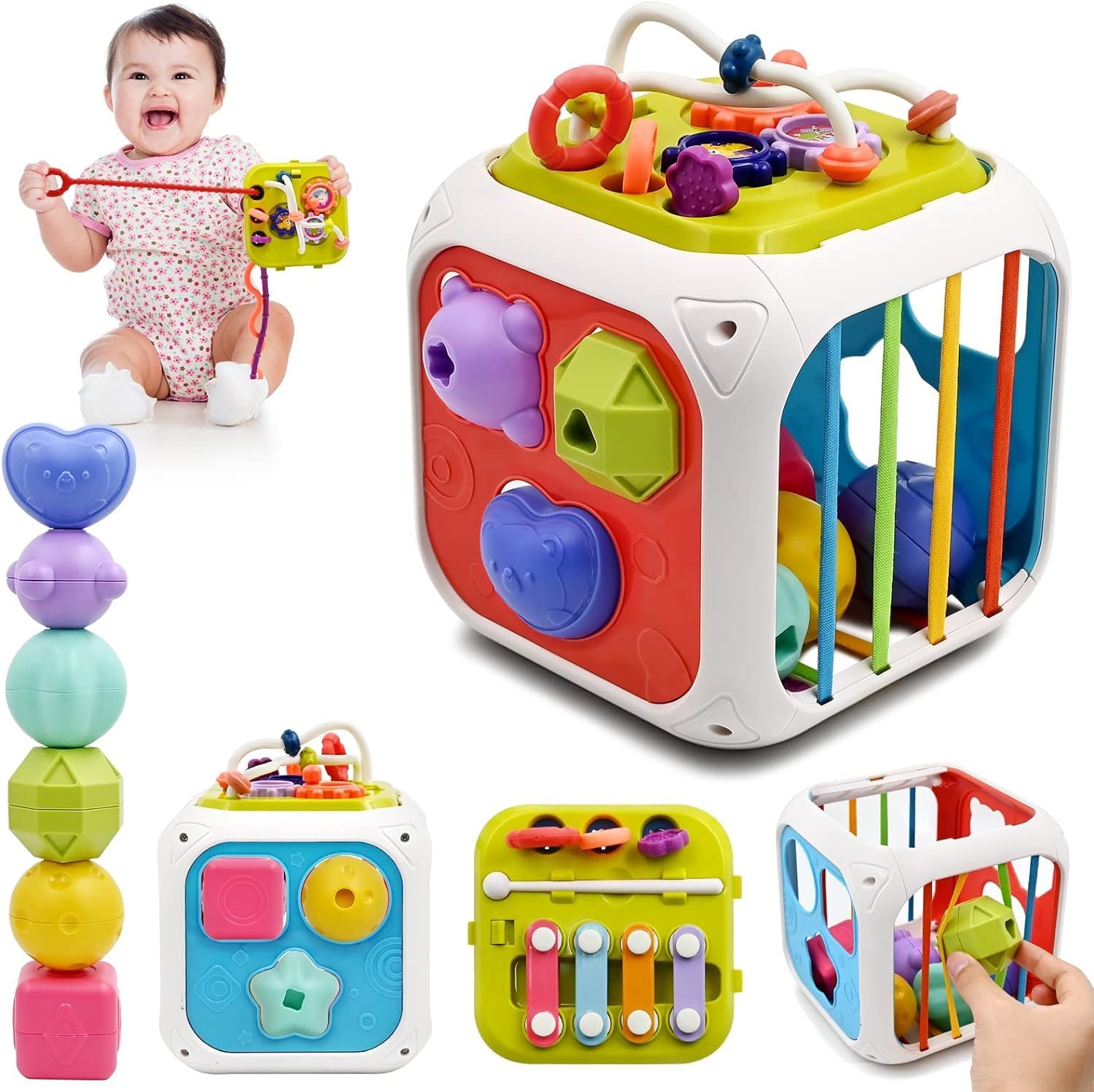 TEC TAVAKKAL Montessori 7 in 1 Baby Sensory Toy for Kids - Educational Learning Shape Sorter, Activity Stacking, Interactive Fine Motor Skill Development - Multicolor