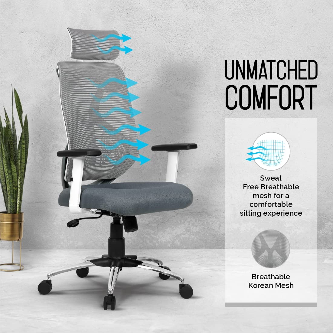 Da URBAN® Merlion Office Chair,High Back Mesh Ergonomic Home Office Desk Chair with 3 Years Warranty, Adjustable Armrests,Adjustable Lumbar Support,Tilt Lock Mechanism (Grey) image 4