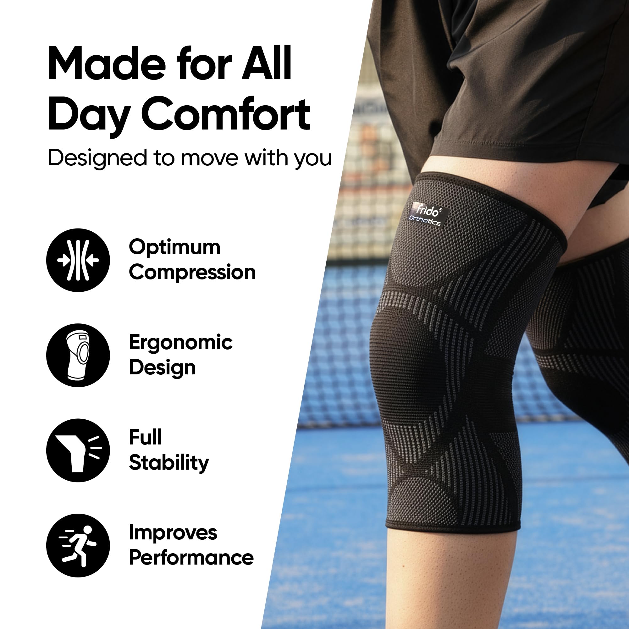 Frido Active Knee Cap Support for Men & Women | Active Compression for Pain Relief & Joint Support | Knee Sleeve for Gym, Running, Jogging, Sports & Workout | Anti-Sweat Knee Brace (1 Pair) Core Black, M image 4