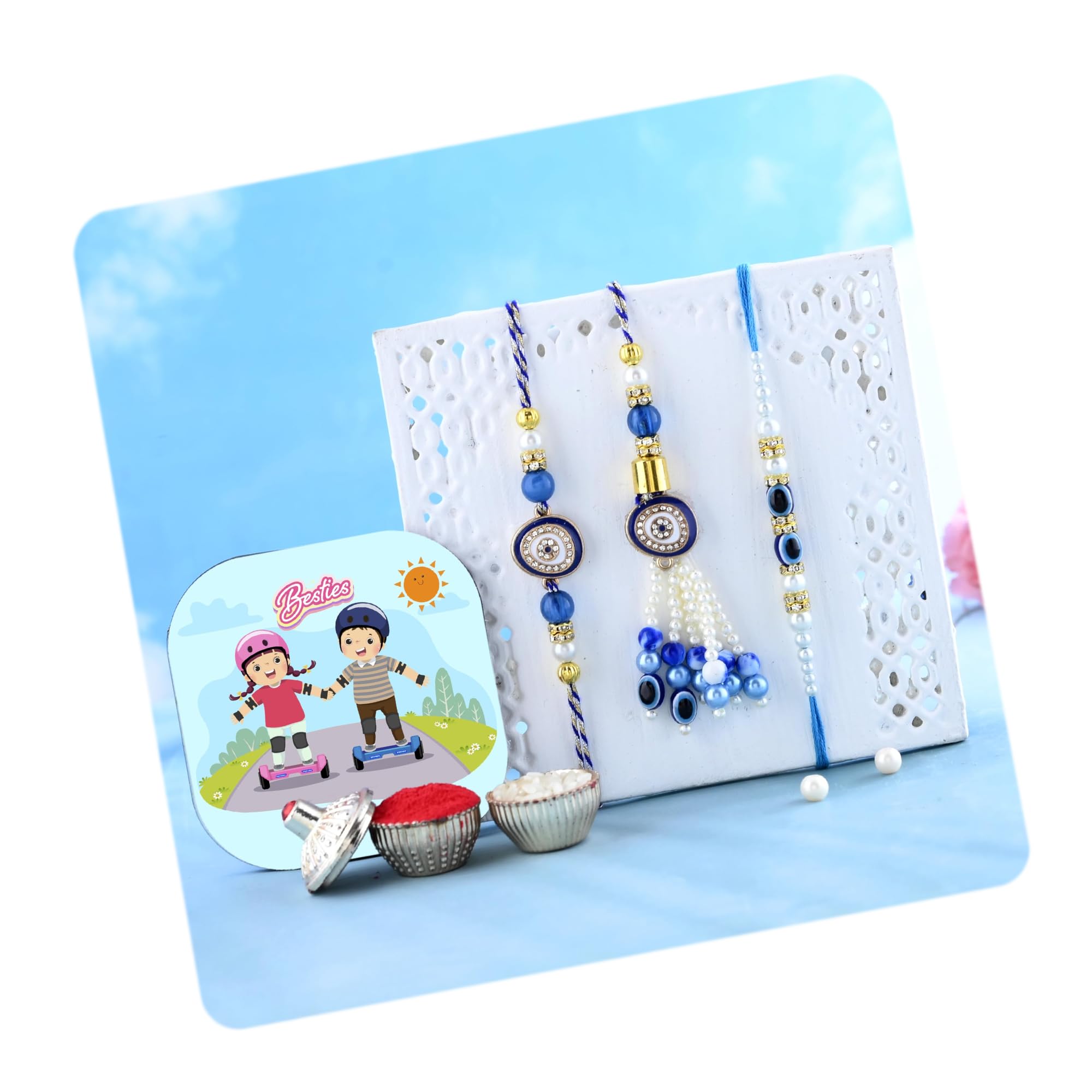 CraftVatika Magnet with Evil Eye Rakhi for Brother Bhabhi Kids, Rakhi Set of 3 for Bhaiya Bhabhi Kids, Rakhi for Men Women, Evil Eye Lumba, Rakhi with Magnet Gift, Fridge Magnet for Fridge Door Decor