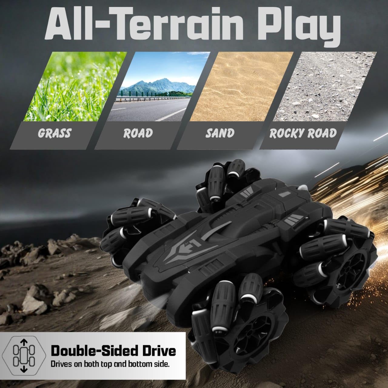 Remote Control Drift Stunt Car 4WD | 360° Rotating | Dual Sided Climbing | High-Speed Tumbling | Rechargeable Stunt Car | C-Type Charging | Remote Control Car for Kids | Made in India. (Black) image 4