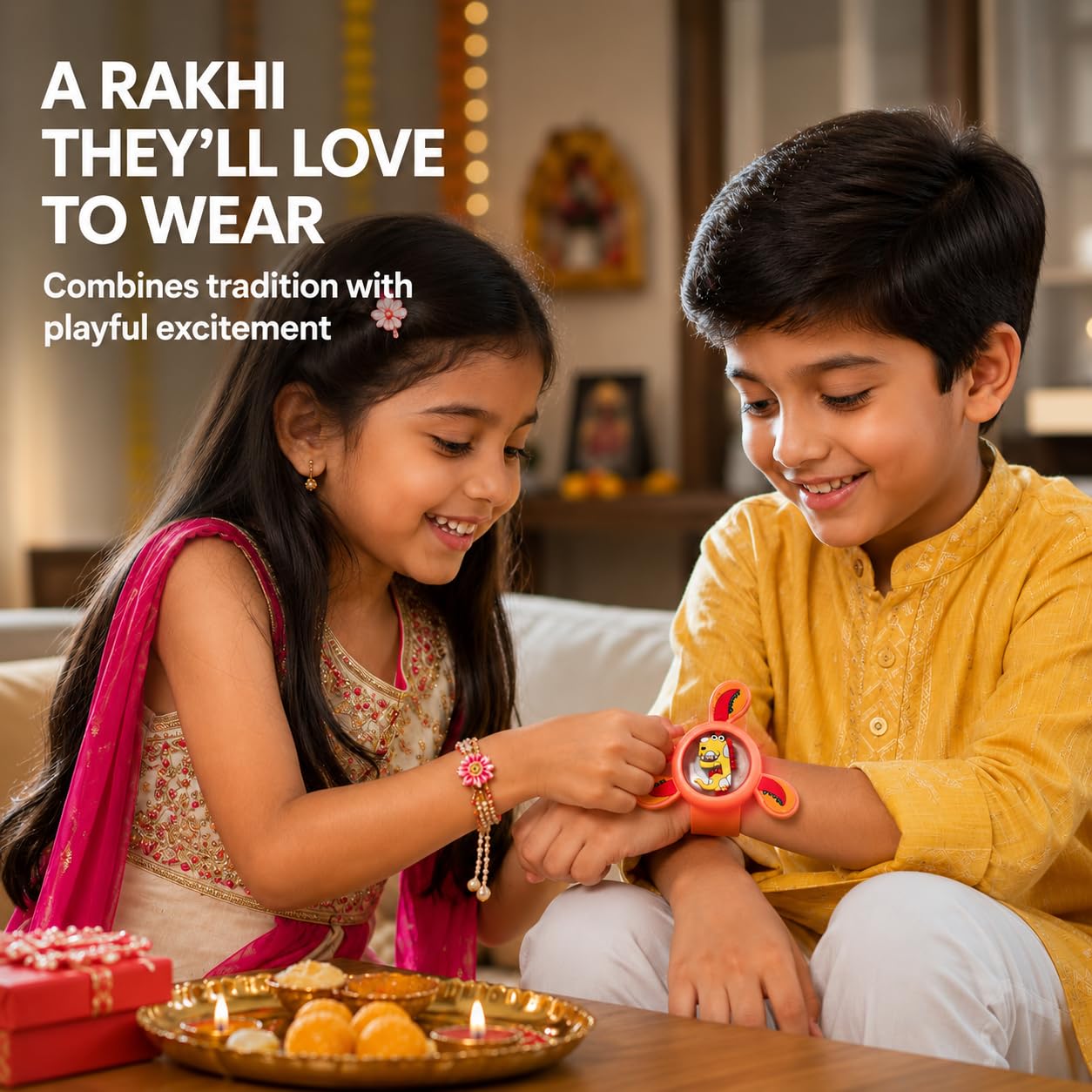 Rakhi for Kids Boy Girl Brother Set of 2 ,Cartoon LED Light Toy Little/Small Bro Slap Band Cartoon Wrist Band Bracelet with LED Light Up |Spinner Rakhi for Kids| Cute Children Favourite Rakhis for Rakshabandhan with Tikka Set,Rakshabandhan Greeting Card image 3