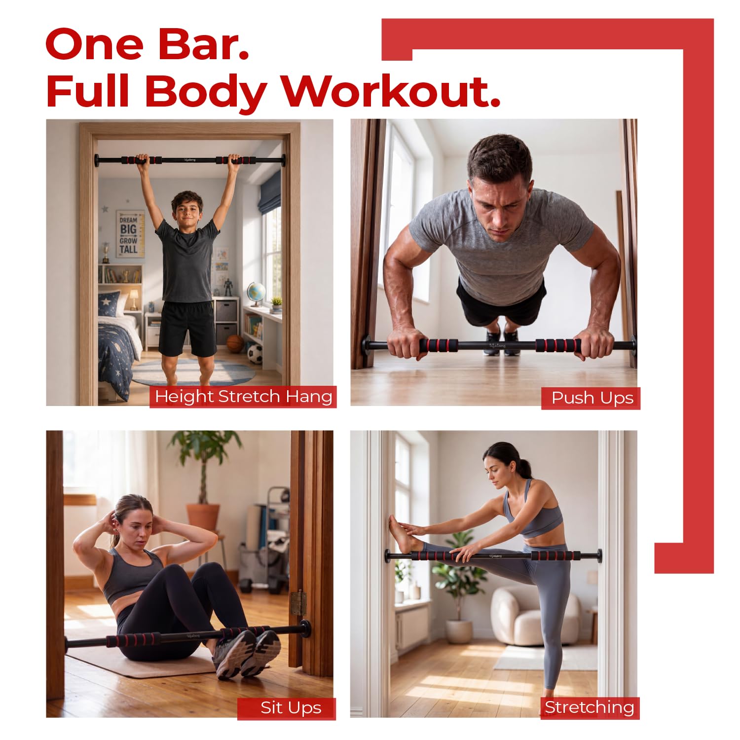 Lifelong Pull Up Bar for Home Kids| Adjustable 62–100 cm Doorway PullUp Bar For Home Gym Equipment |No Screw Pull Up Bar Door Mounted |100kg Capacity, Anti-Slip Lock, Foam Grip Handles |Gym Equipment for Home Workout image 2