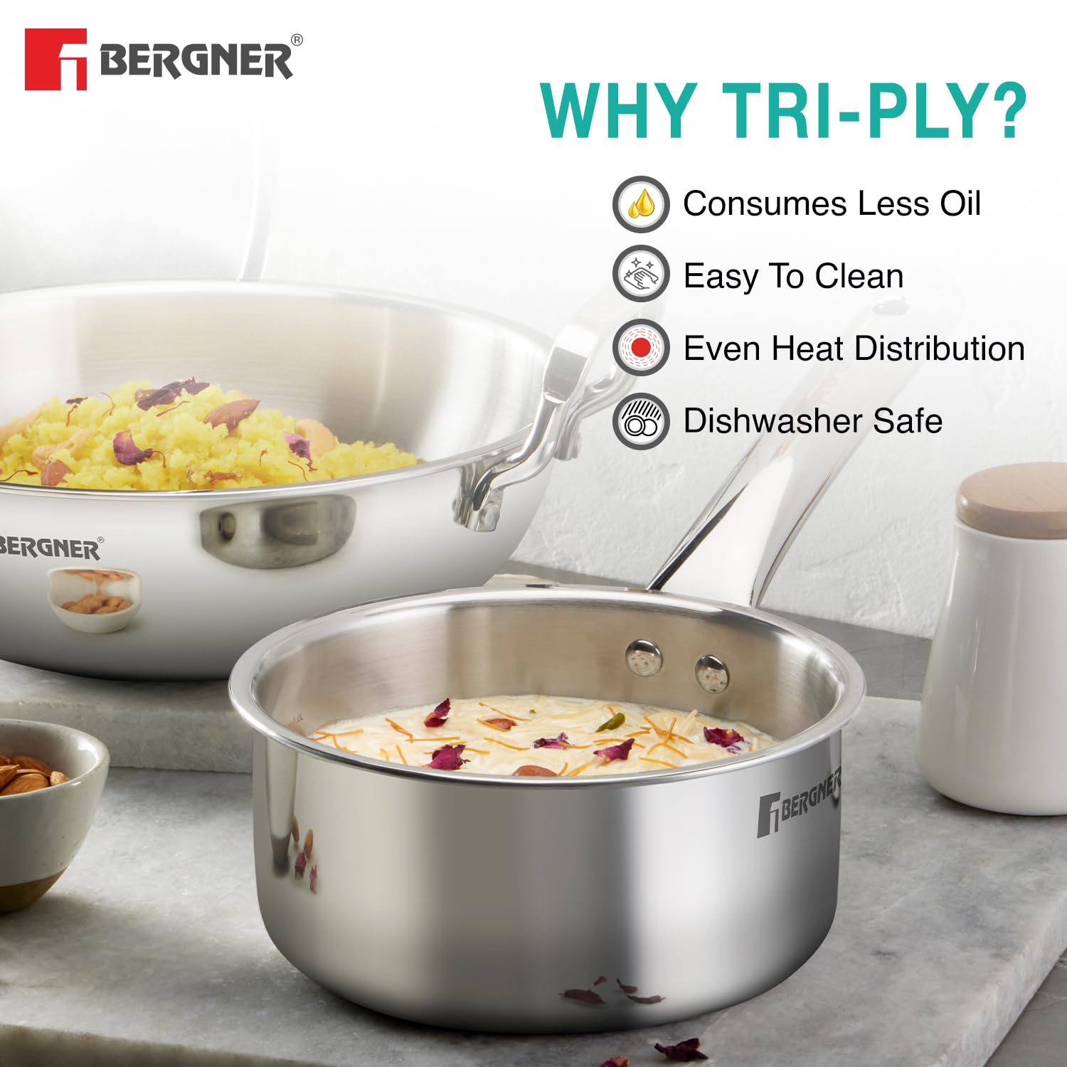 Bergner TriPro 4 Pcs Tri-Ply Stainless Steel Induction Bottom Cookware Set - 22cm (2L) Kadai and 22cm (1L) Frypan with Common Stainless Steel Lid, 14cm (1L) Teapan, Less Oil Use, Easy to Clean image 5