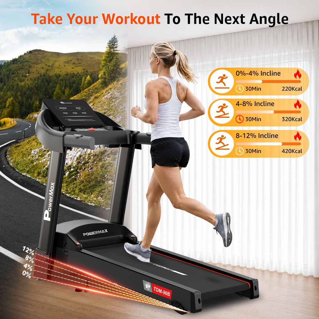 PowerMax Fitness TDM-96B 4HP DC Treadmill for Home | 110KG Max User Running Machine | 14km/hr Top Speed, 4-Level Manual Incline | Bluetooth for app, Speaker, Mp3 | Foldable Cardio Machine, LED Display image 4