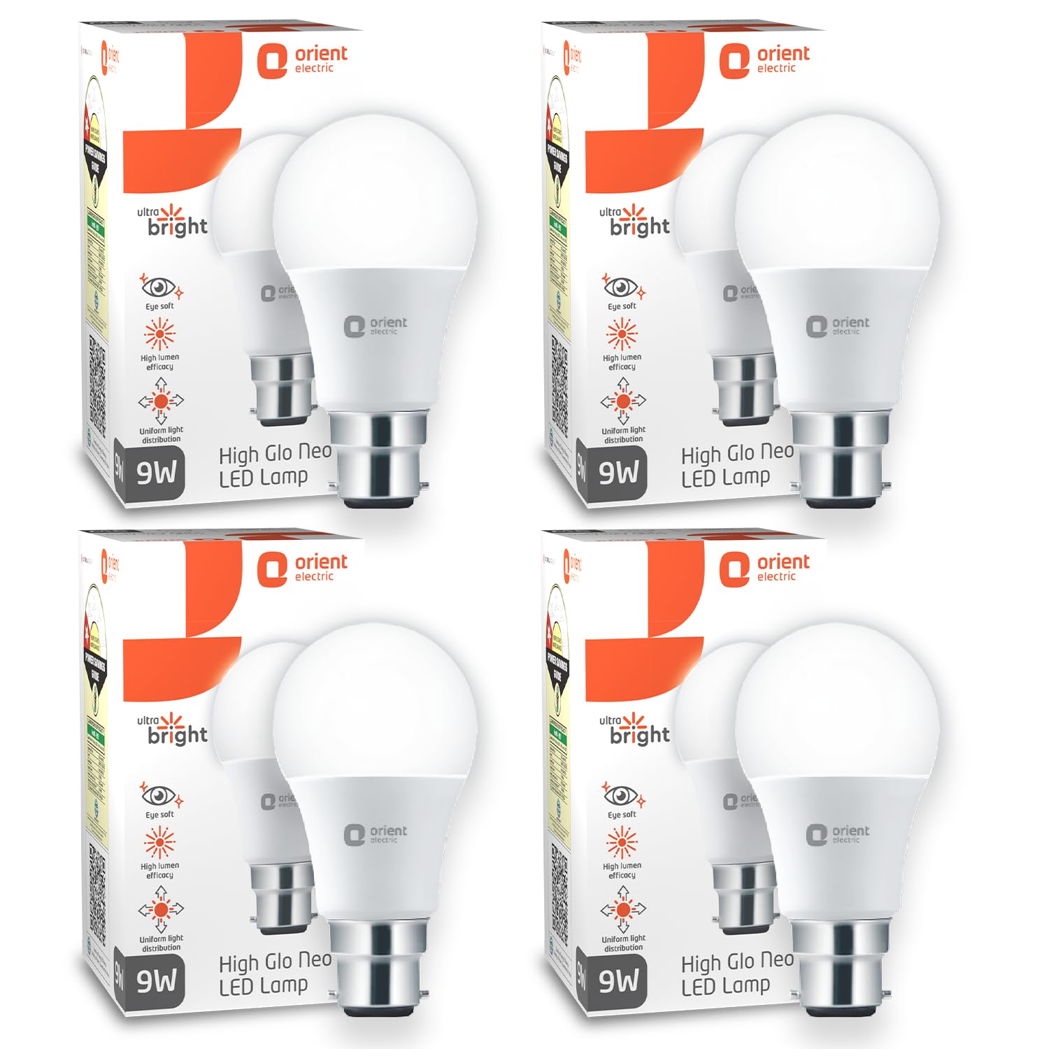 Orient Electric 9W High Glow LED bulb| 180-degree wide beam angle| Voltage surge protection up to 4 kV| 6500K, Cool White| B22d base| Made in India| Pack of 4