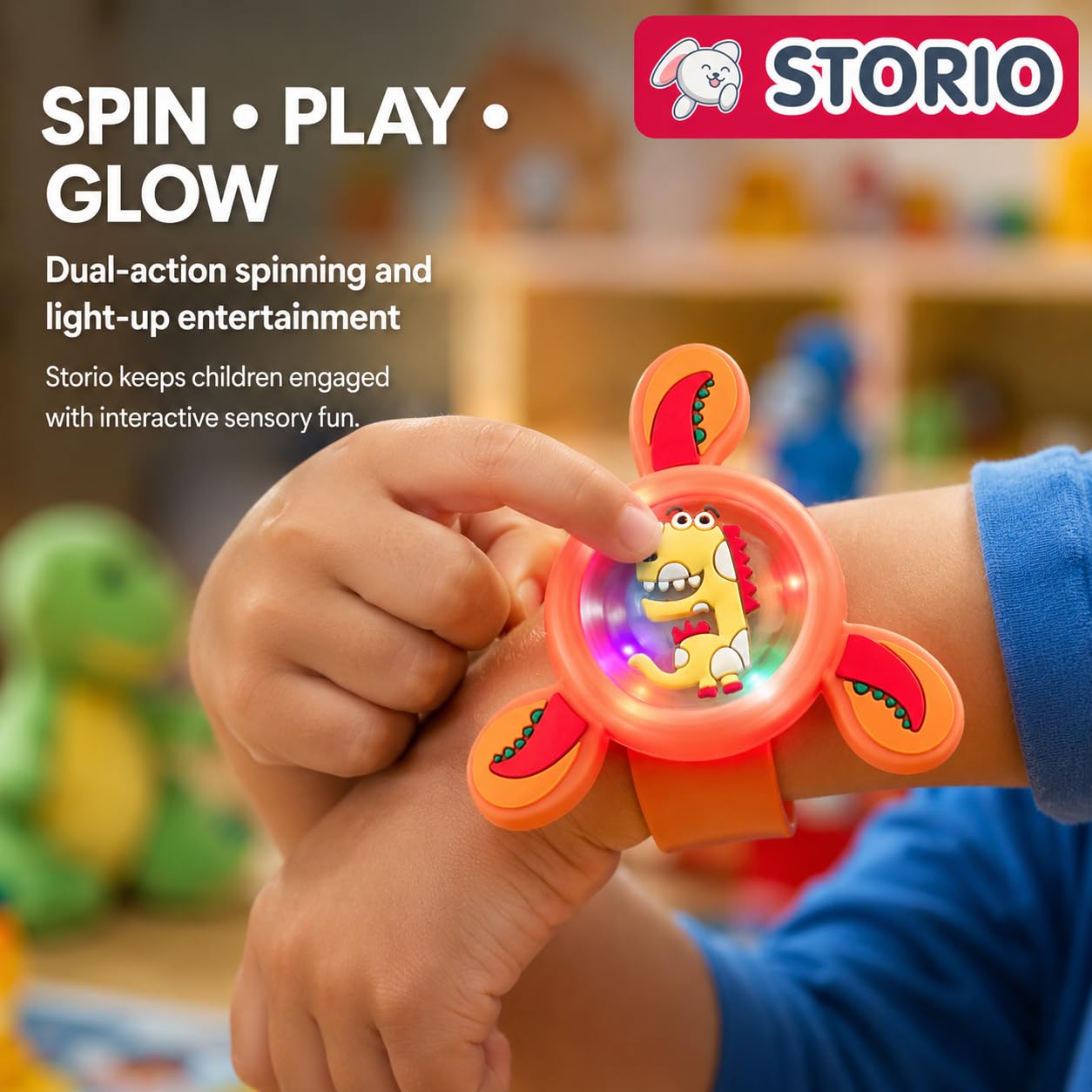 Storio Pack of 1 Rakhi for Brother Kids Wrist Band for Boys and Girls Spinning Slap Band Cute Cartoon Bracelet Wrist Band with LED Light Up, Great Birthday Return Gift Toys for Kids Boys Girls image 4