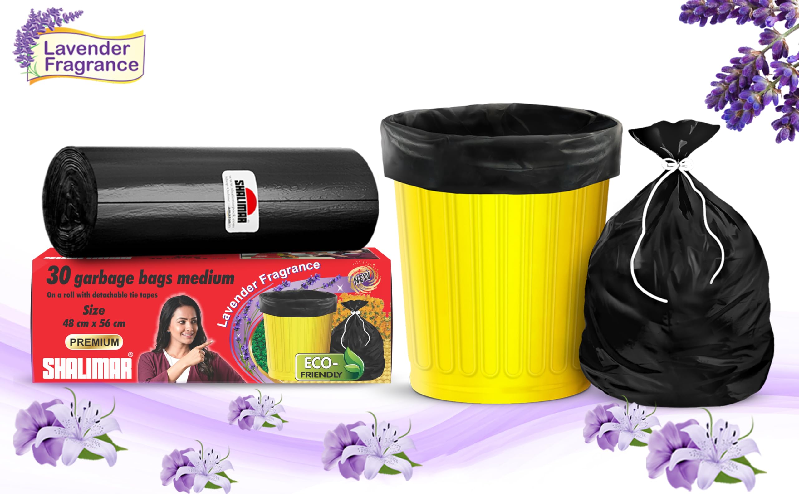 Shalimar Premium (Lavender Fragrance) Scented Garbage Bags | Medium 19 X 21 Inches | 120 Bags (30 Bags X 4 Rolls) | Dustbin Bag/Trash Bag | (Black) - Perforated Box for Easy Dispensing image 4