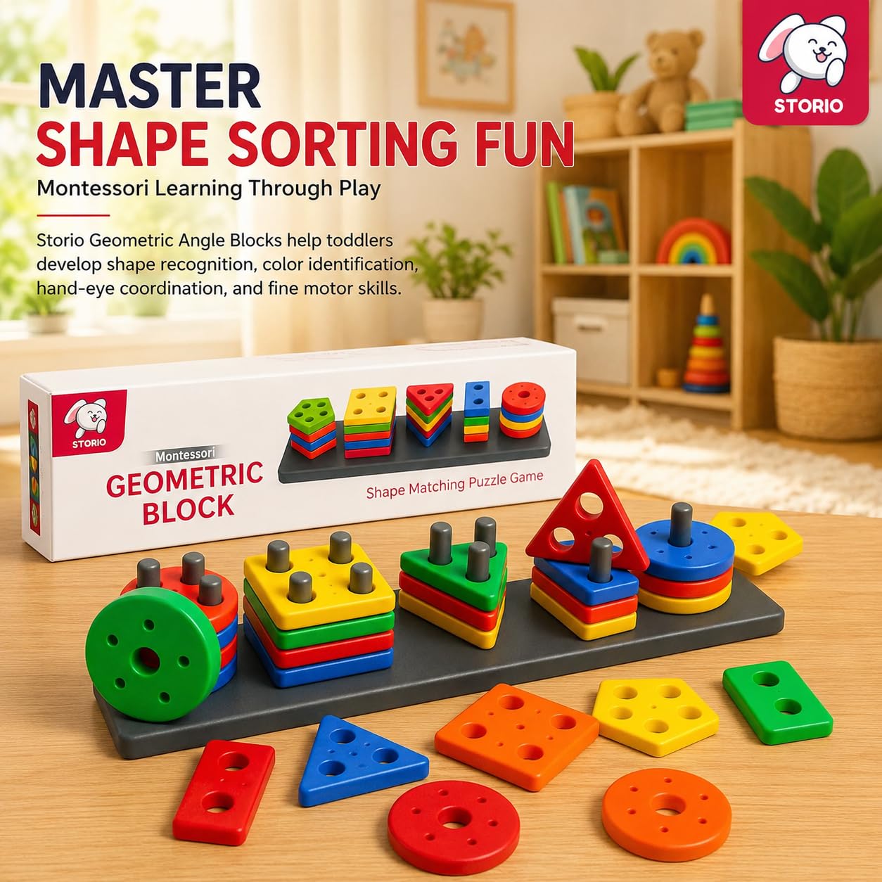 Storio Geometric Angle Blocks, Sorting & Stacking Toys for Toddlers and Kids Preschool, Color Stacker Shape Sorter Gift Educational Blocks Learning Toy for 1 2 3 Years Boys and Girls, 26 Pcs image 3