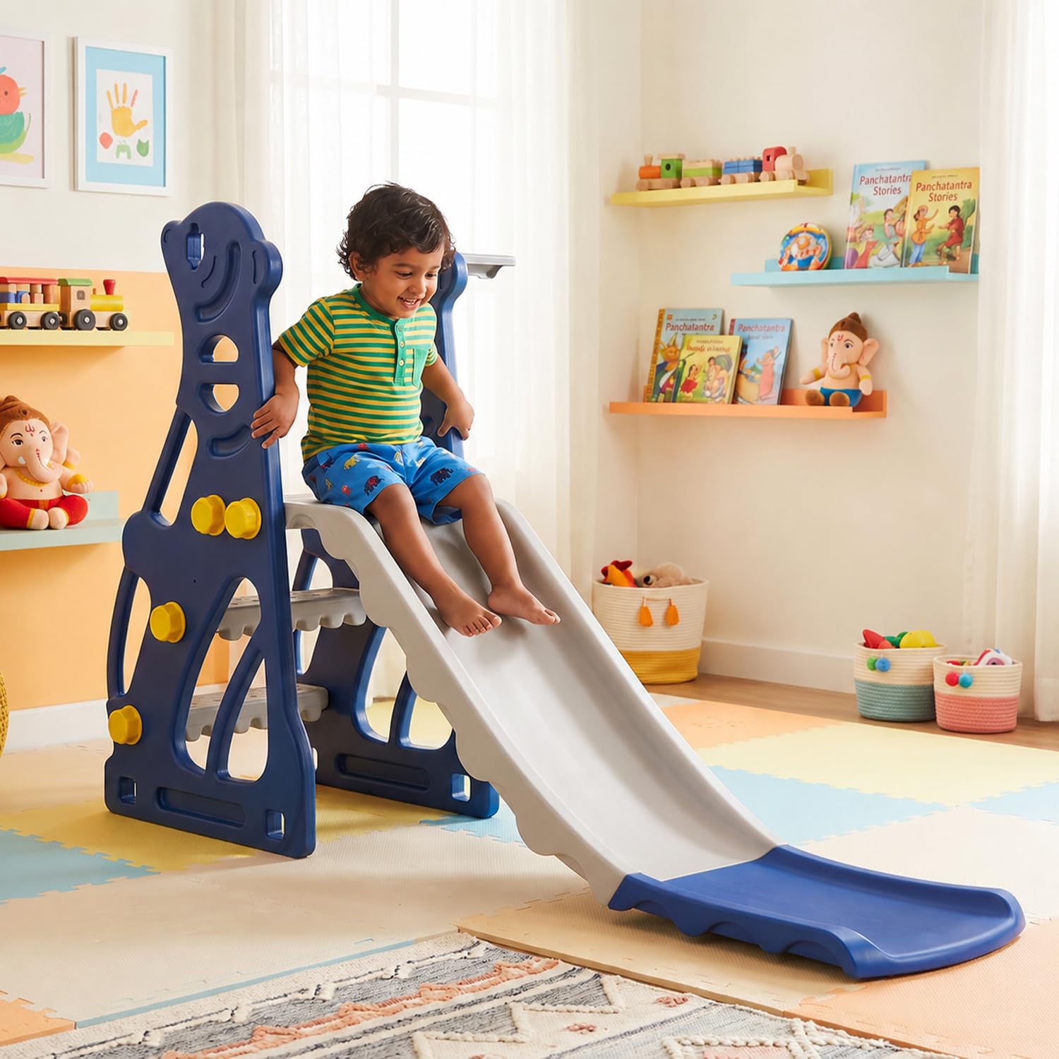 Amazon Brand – Solimo 2-in-1 Penguin Slide for Kids with Basketball Hoop with Ball| Medium | Indoor & Outdoor | Safe for Boys & Girls | Age 2-4 Years | Easy Assembly | Blue & White