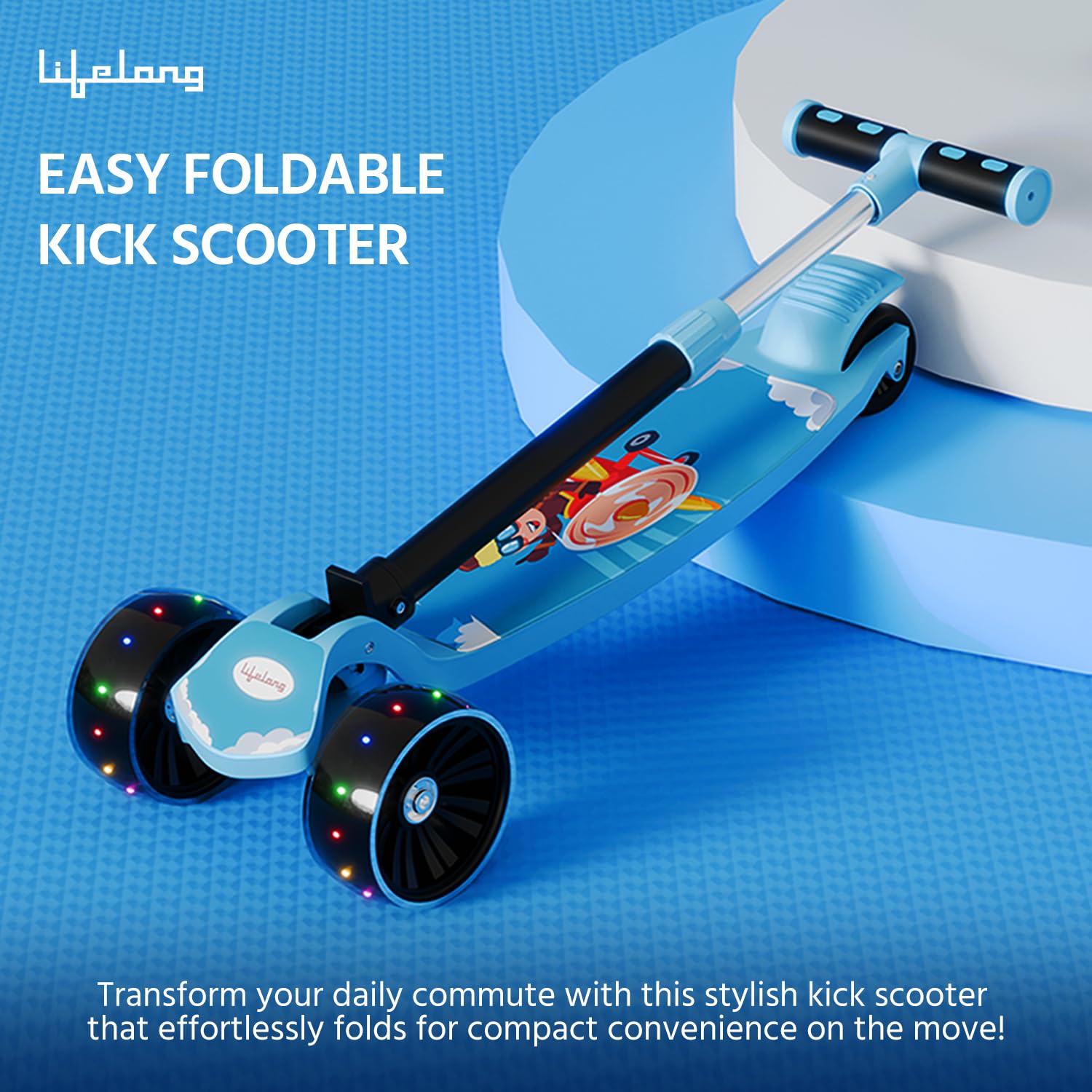 Lifelong Foldable Kids Kick Scooter with LED Wheels & Adjustable Height - Capacity 50kg- for Baby 3+ Year Old boy & Girl - Skate, Blue image 5