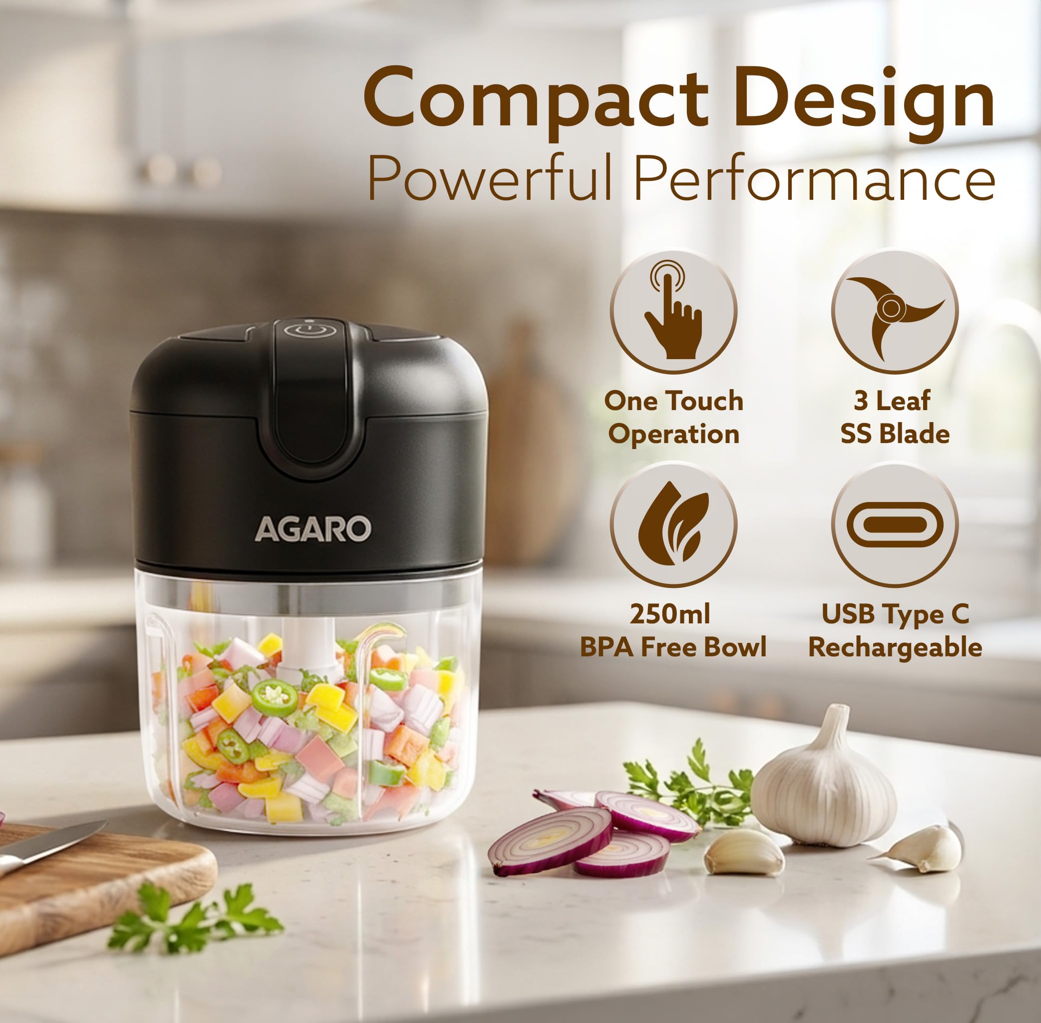 AGARO Elite Rechargeable Mini Electric Chopper, Food Grade Bowl, Stainless Steel Blades, Rechargeable, One Touch Operation, for Chopping Garlic, Ginger, Onion, Vegetable, Nuts, 250 Ml, Black image 2